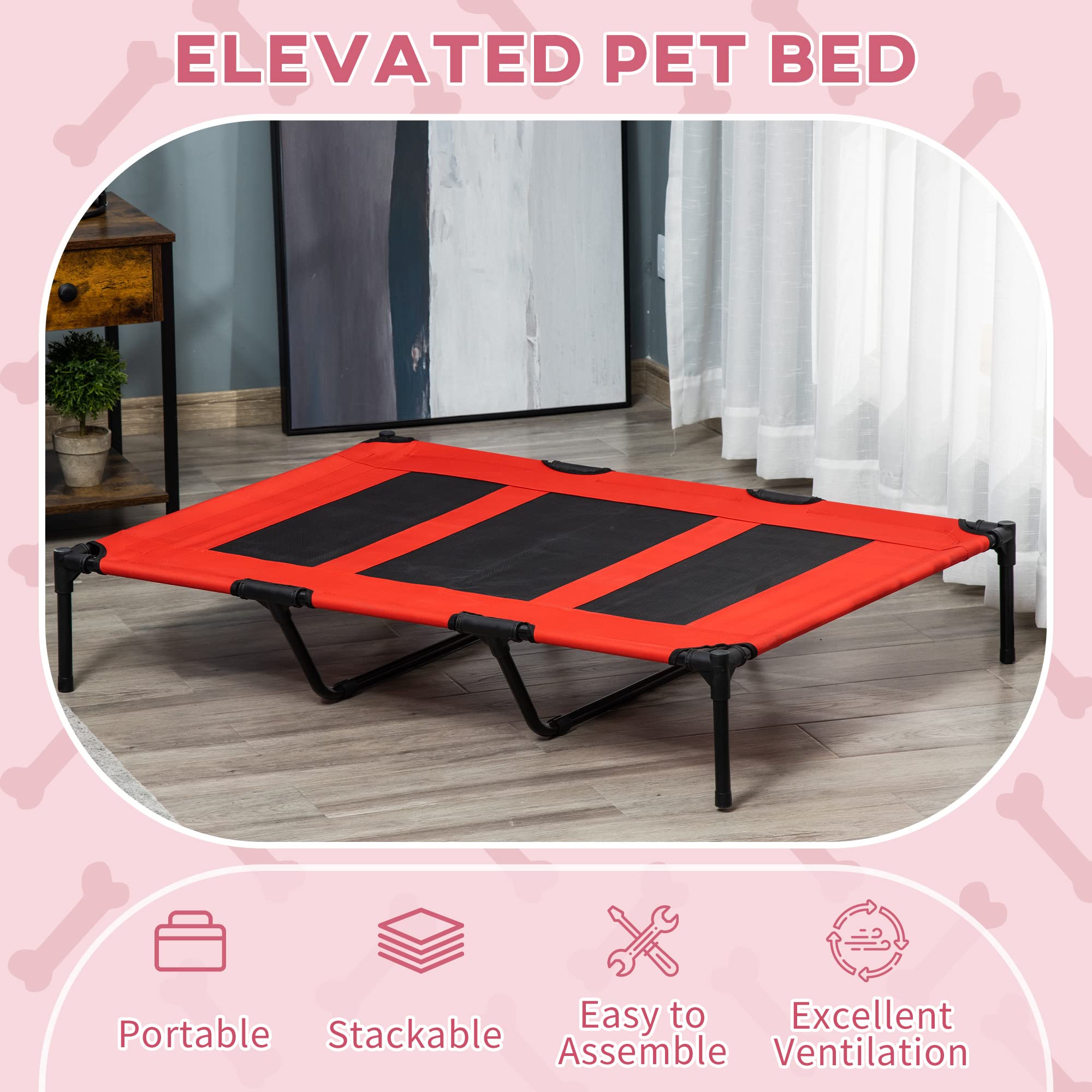 Pawhut 48'' X 36'' Elevated Breathable Dog Bed Portable Pet Cot W/ Carry Bag Metal Frame Breathable Mesh Indoor And Outdoor Red