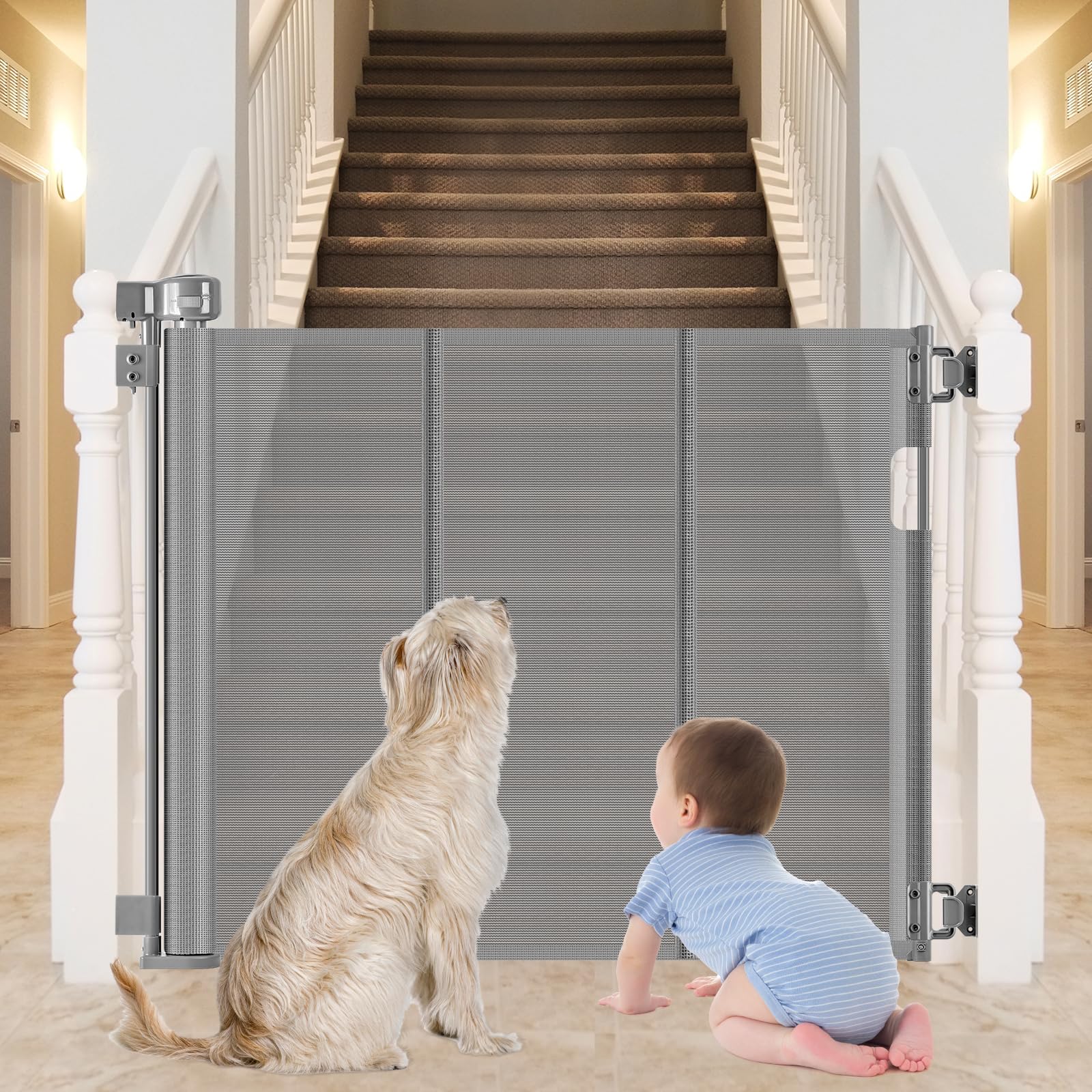 Reinforced Bottom Retractable Stair Gate for Dogs Prevents Bottom Drilling Through Baby and Puppy 80 Inch Extra Wide Retractable