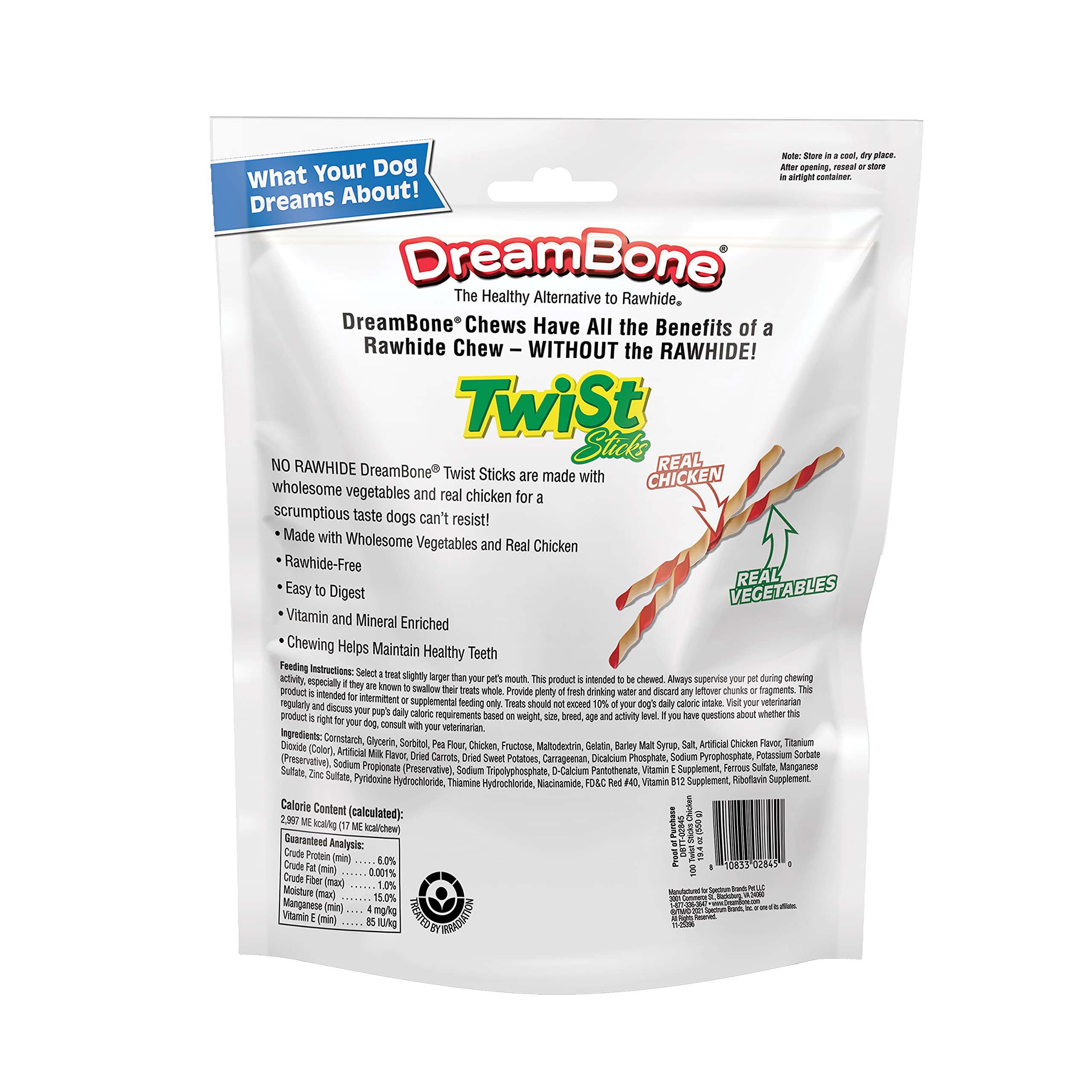 DreamBone Twist Sticks Rawhide Free Dog Chews, Made with Real Chicken, 100 Pack