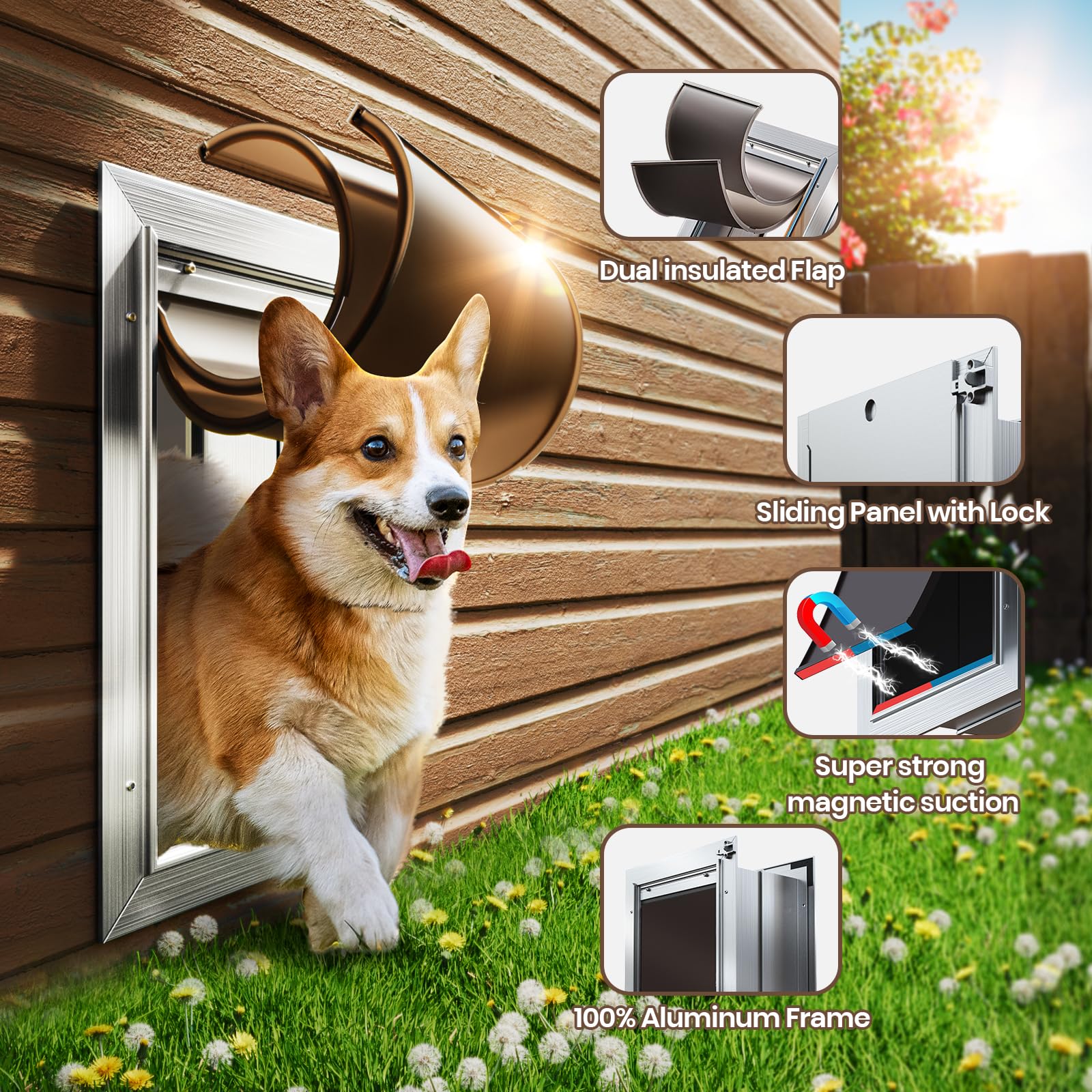 Dog Door For Wall, Medium Doggy Door, Heavy Duty Cat Pet Door, All Aluminum Frame, Double Magnetic Flaps, Energy Efficient, Tele