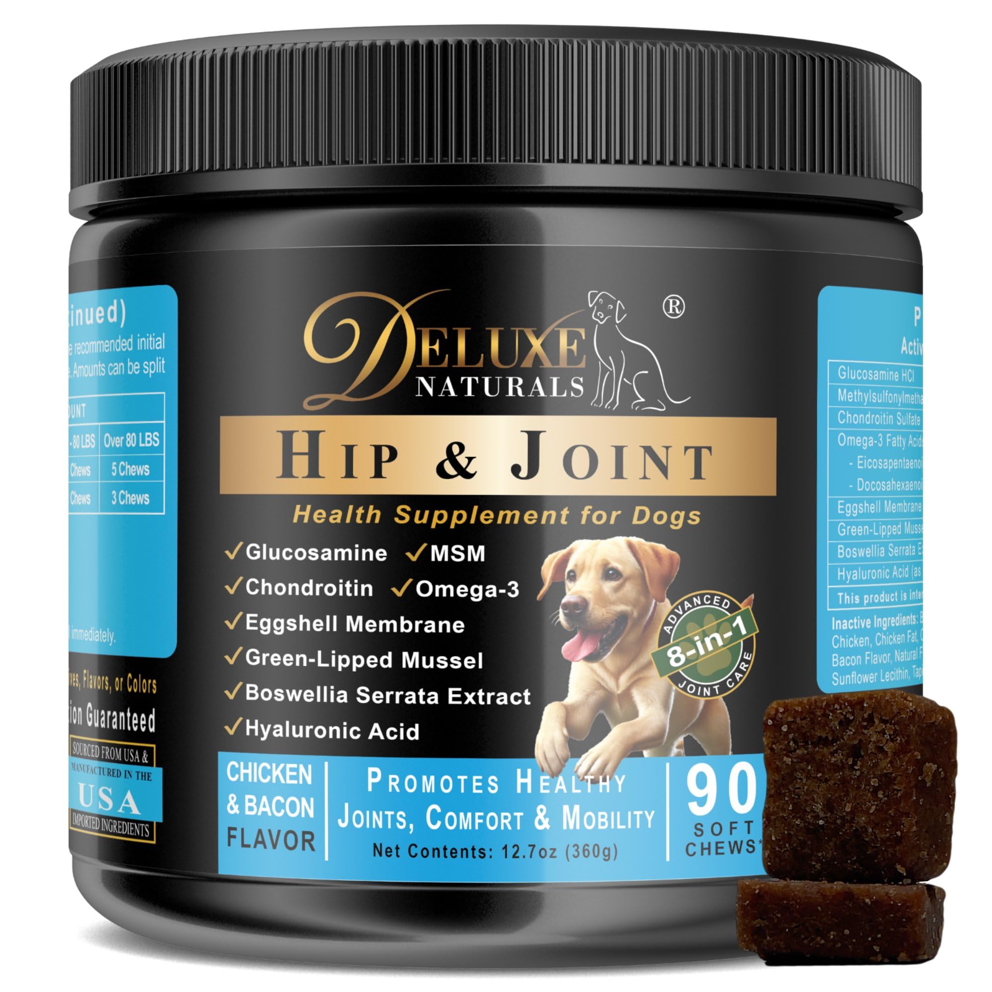 Deluxe Naturals Hip and Joint Soft Chews for Dogs - 90 Count - Glucosamine, MSM, Chondroitin, Omega-3, Green-Lipped Mussel - Pro