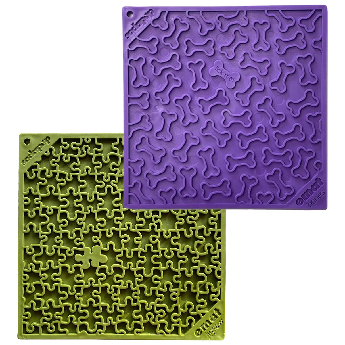 Sodapup Purple Bones & Green Jigsaw Emat Bundle – Durable Lick Mat Feeder Made In Usa From Non-Toxic, Pet-Safe, Food Safe Rubber For Avoiding Overfeeding, Digestive Health, Calming, & More