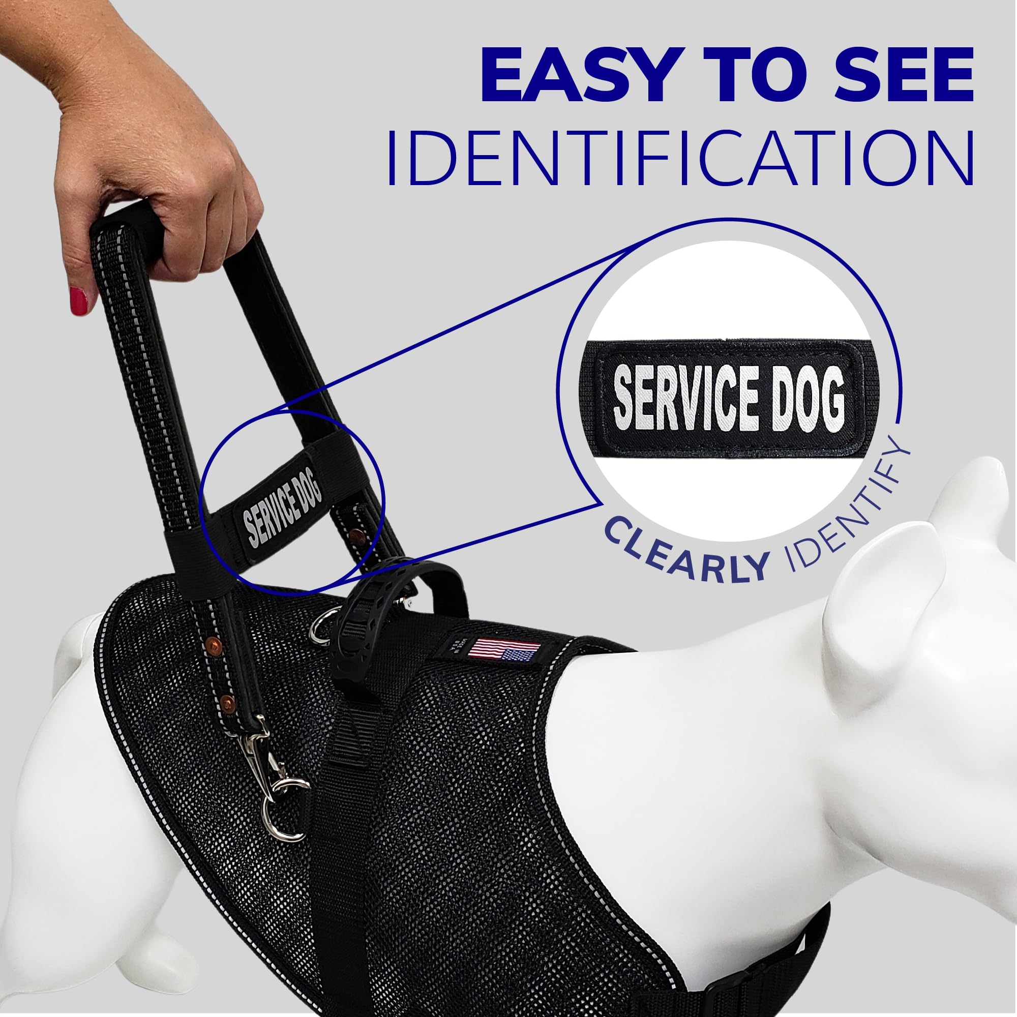 Activedogs Leather Bridge Handle For Service Dog 12' - Solid Steel & Leather Service Dog Handle With Easy Snap-On Clips, Reflective Service Dog Id Band & Neoprene Padded Handle