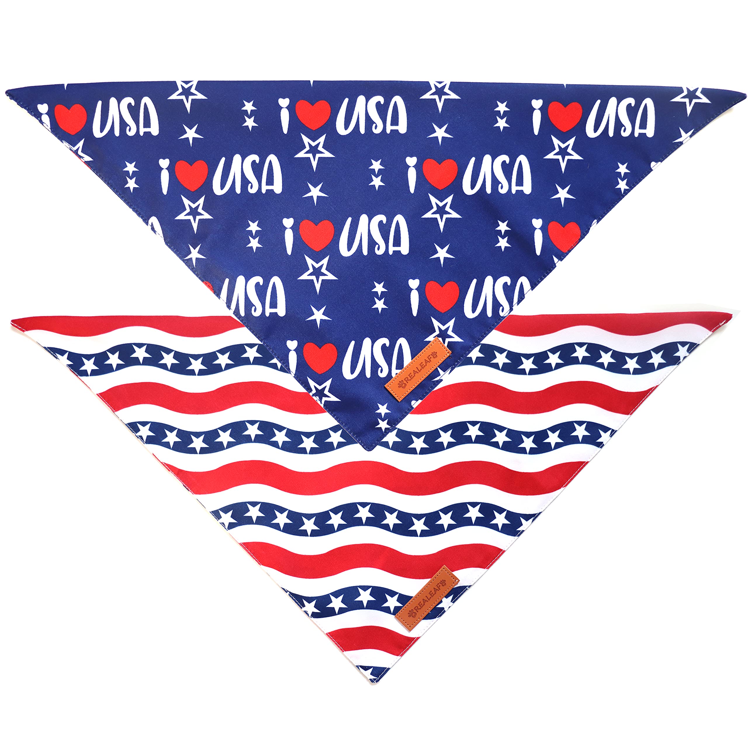Realeaf 4Th Of July Dog Bandanas 2 Pack, Triangle Reversible American Flag Pet Patriotic Scarf For Boy And Girl, Premium Durable