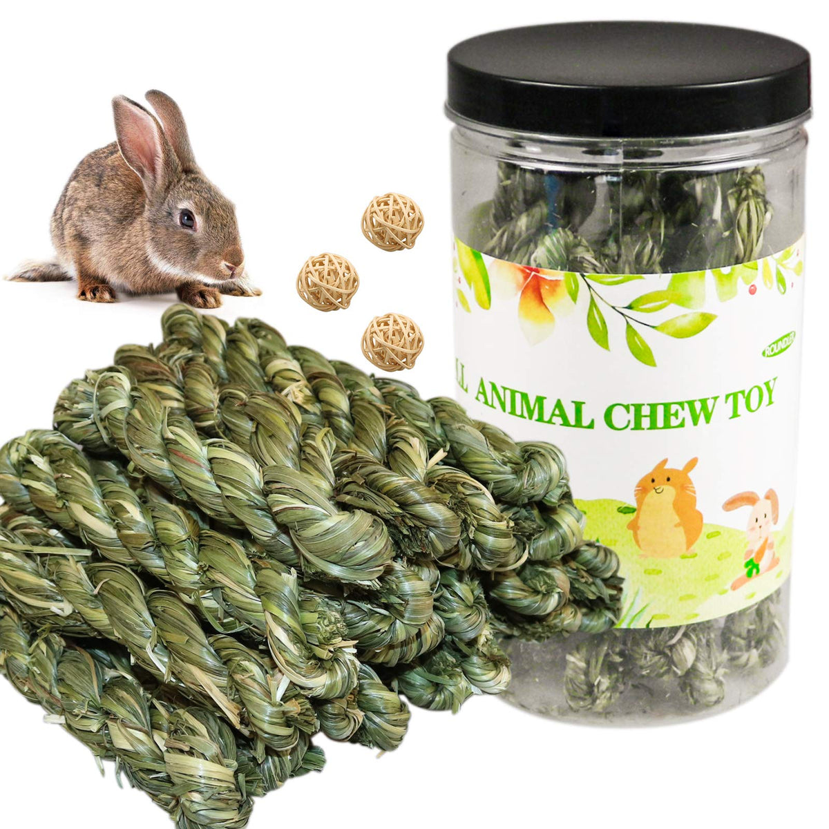 Roundler Rabbit Chew Toys, Small Animal Treats Natural Timothy Grass Chew Toys, Grass Stick Pet Snacks Molar Teeth Grinding Toy Chewing For Chinchillas Hamsters Guinea Pig Dwarf Rabbit Gerbils (H04)