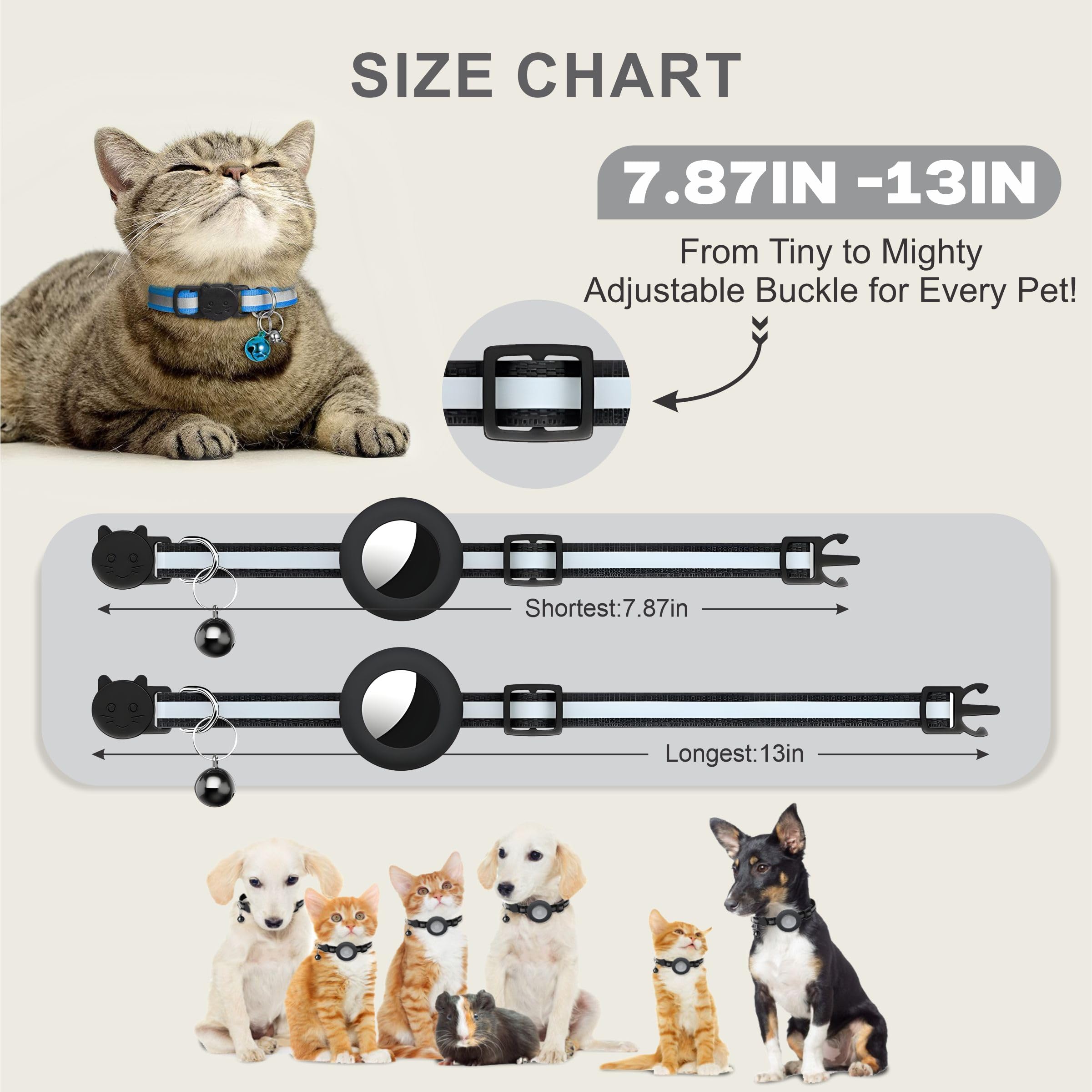 Zease 8 Breakaway Cat Collars With Bells And 2 Waterproof Airtag Holders, Reflective Cat Collar Airtag Holder, Safety Buckle, Ad