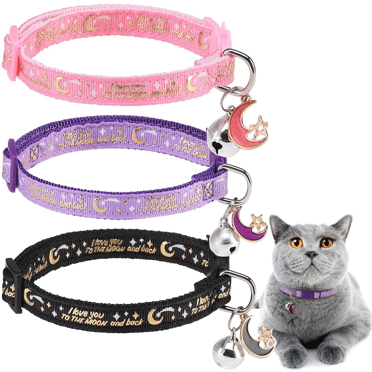 Dillybud Cat Collar With Bells Breakaway, 3 Pack Moon And Star Cat Collar Reflective, Cute Kitten Collars With Pendant Glow In T