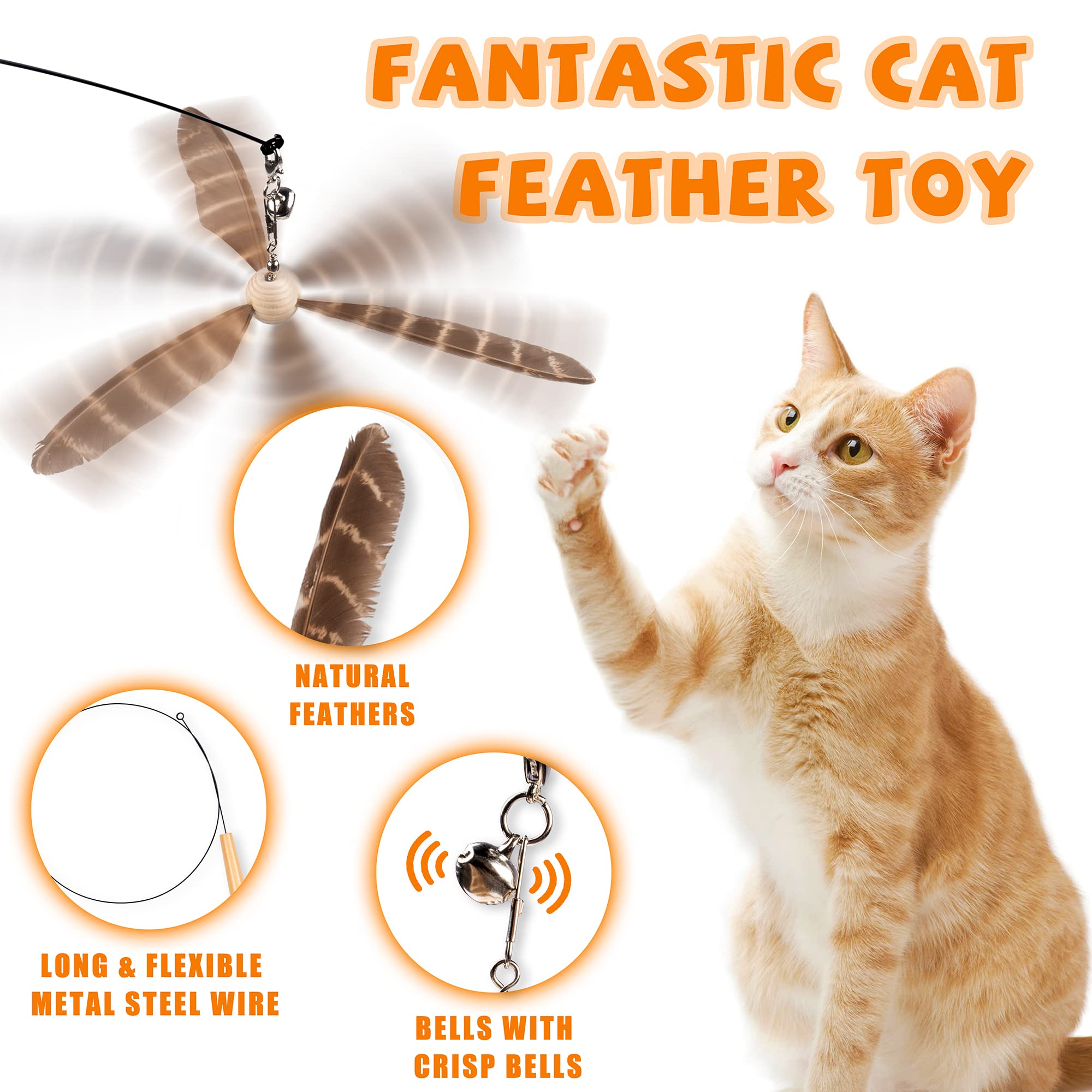 Jxfukal Cat Wand Toys, Interactive Cat Toys With 3 Feather Refills, 29 ' ' Flexible Steel Wire, Sturdy Wood Handle & Bell For Ki
