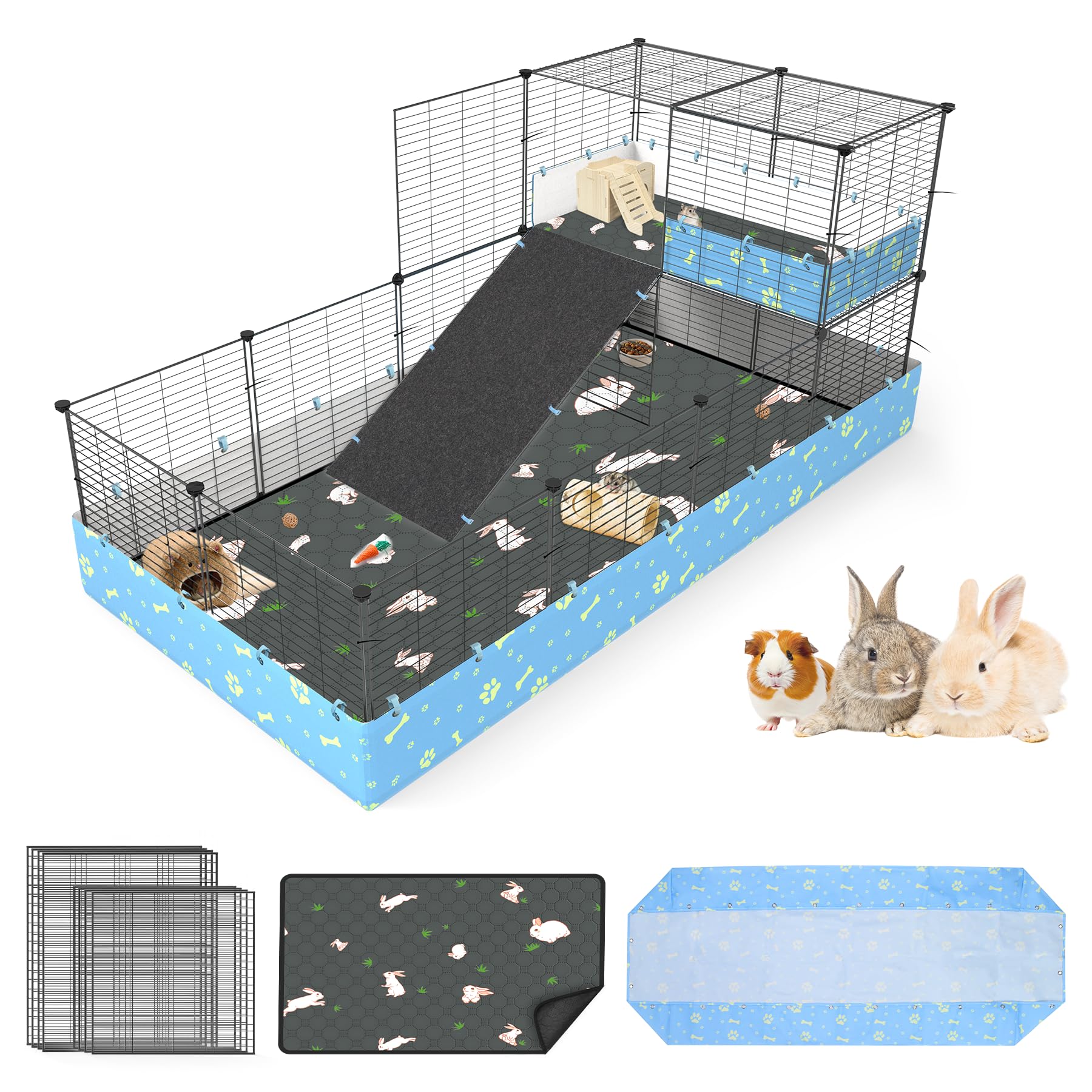 Modeslab Guinea Pig Cages With Tarp And Bedding Pee Pad Liner, 2-Story Large Guinea Pig Playpen C&C Loft Cage For 2 Rabbit Bunny