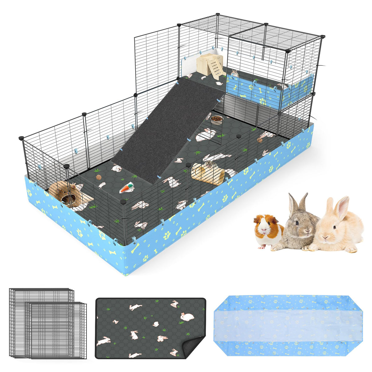 Modeslab Guinea Pig Cages With Tarp And Bedding Pee Pad Liner, 2-Story Large Guinea Pig Playpen C&C Loft Cage For 2 Rabbit Bunny