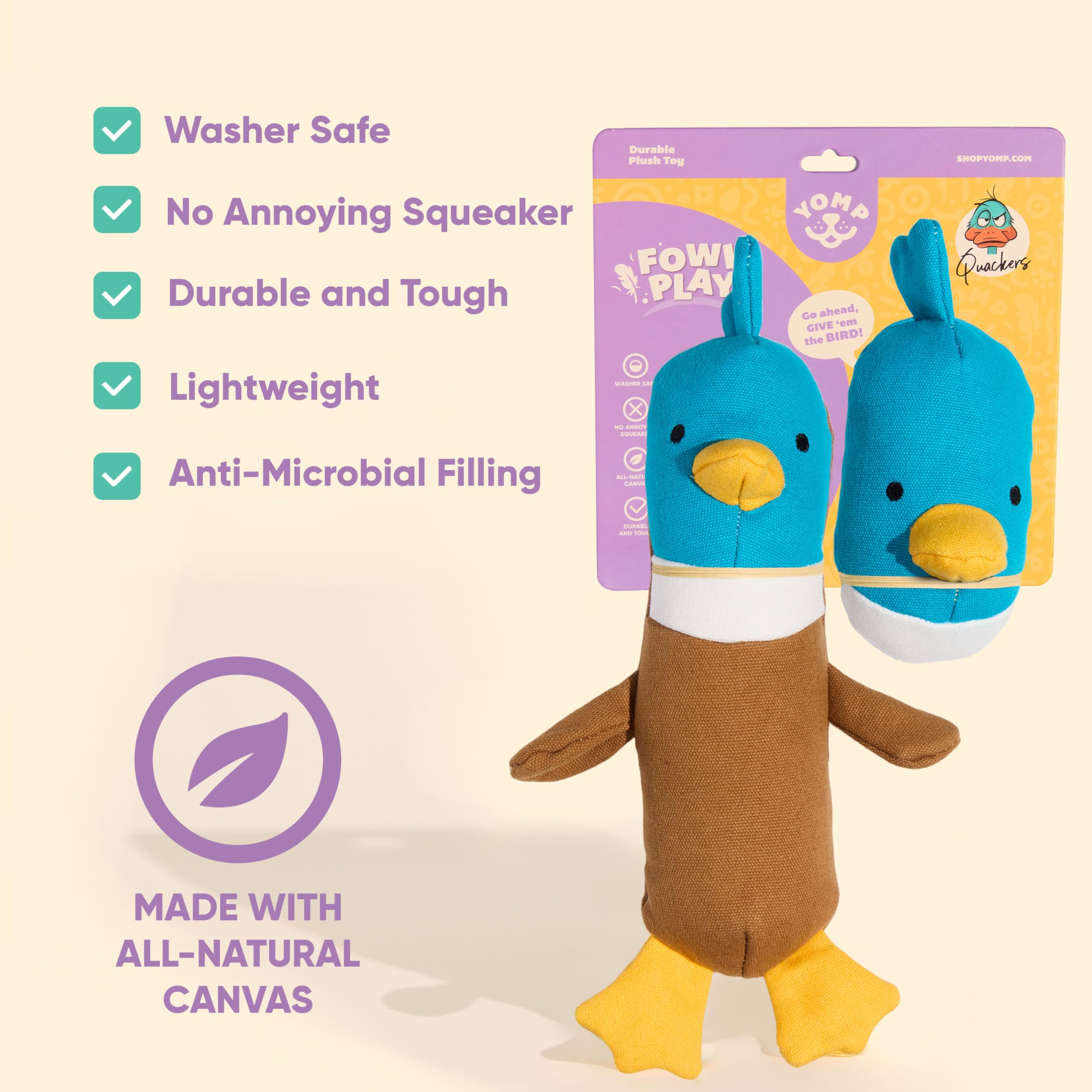 Yomp Duck Toy For Dogs - Durable Plush Chew Toy With Natural Canvas And Crinkle Paper - Interactive Stuffed Animal For Dogs (2-P