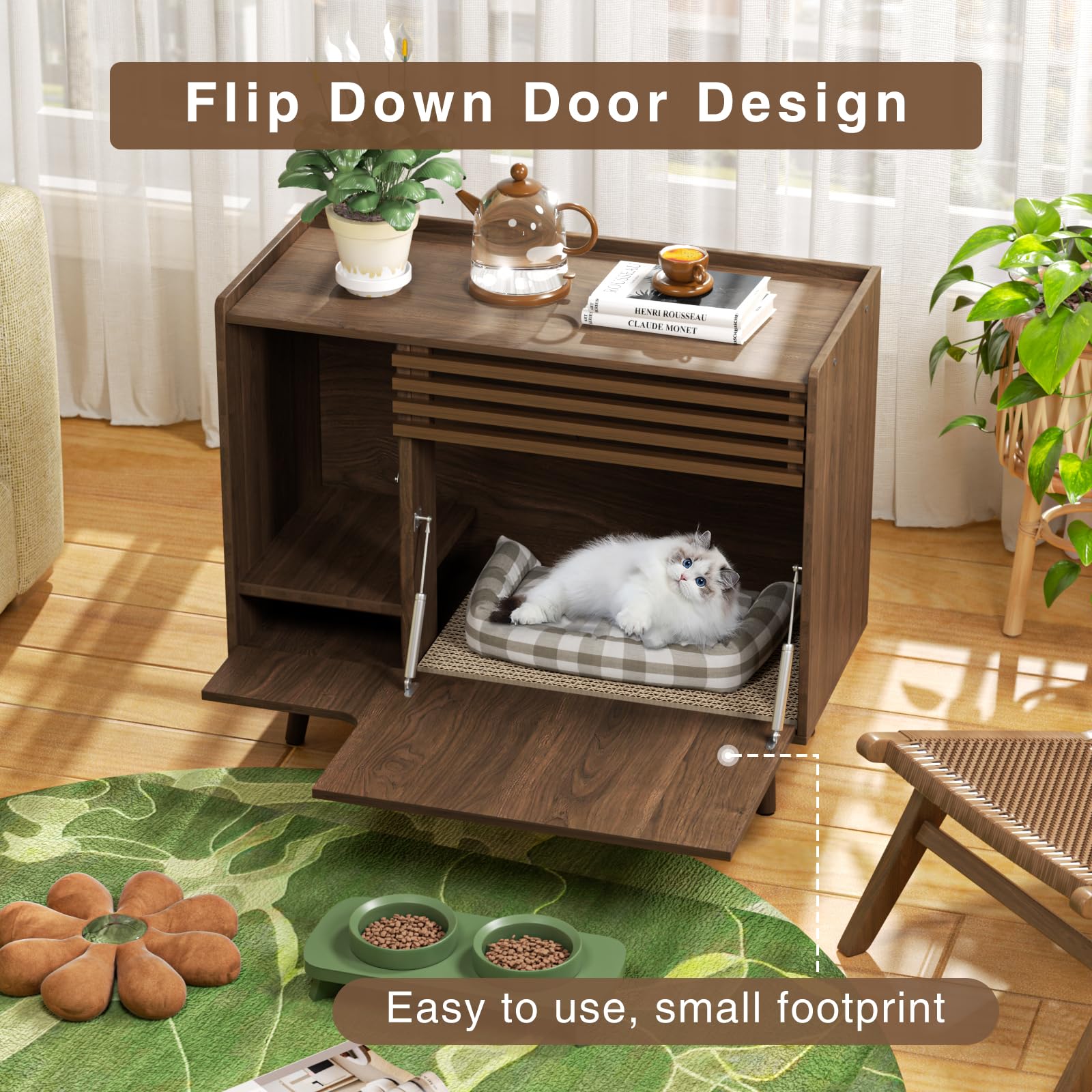 Halitaa Mid-Century Modern Hidden Litter Box Furniture With Cat Scratch Pad, Flip-Down Opening Litter Box Cabinet Cat Washroom E