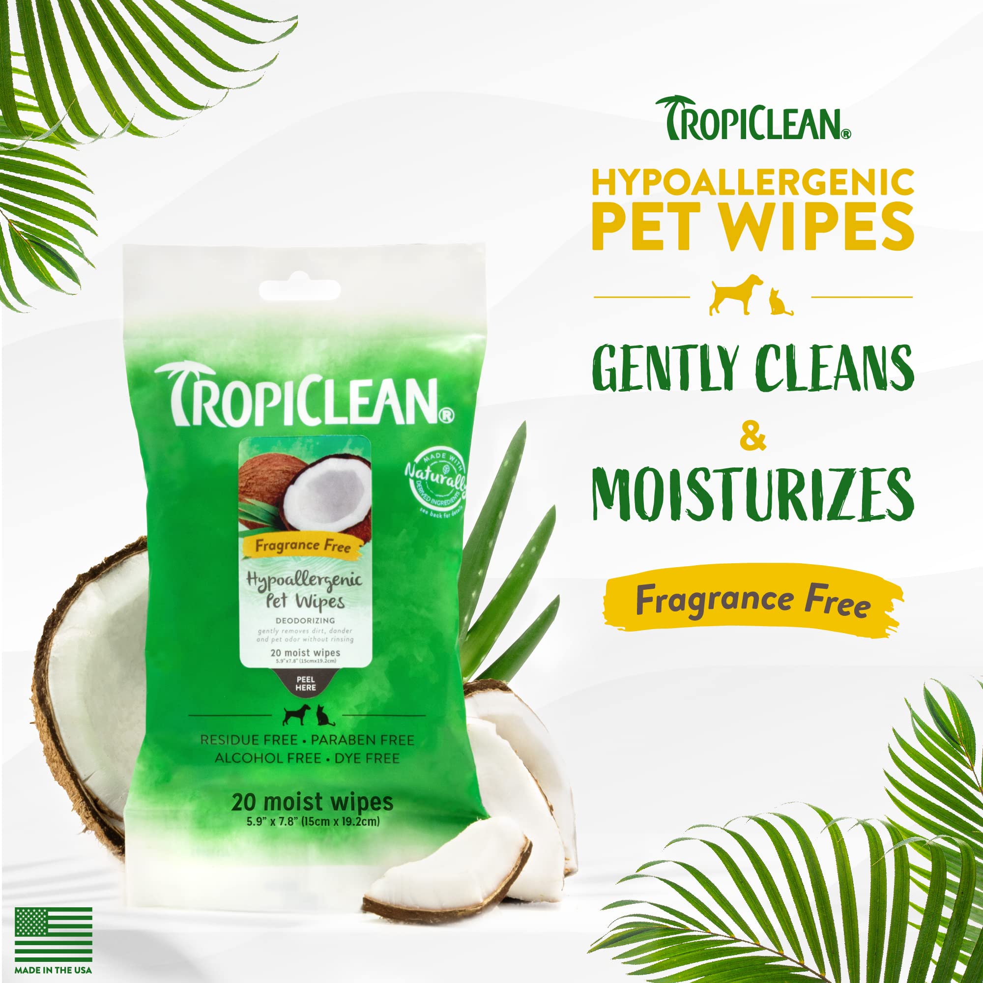 Tropiclean Hypoallergenic Dog Wipes For Paws And Butt | Fragrance Free Dog Grooming Wipes | Safe For The Face | Puppy & Cat Frie