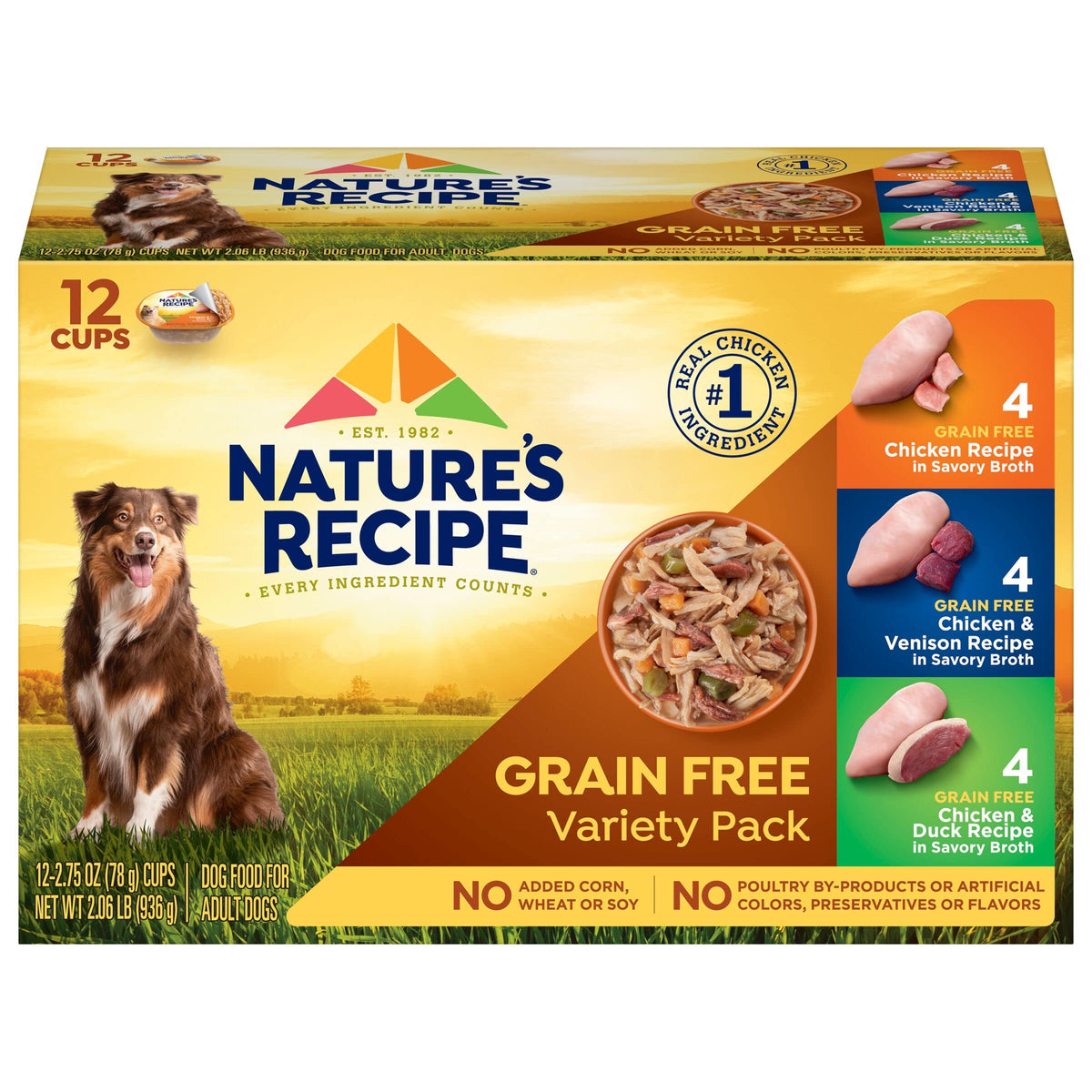 Nature’S Recipe Grain Free Chicken Recipe, Chicken & Venison Recipe And Chicken & Duck Recipe In Savory Broth Variety Pack Wet Dog Food, 12-2.75 Oz. Cups, 2 Count