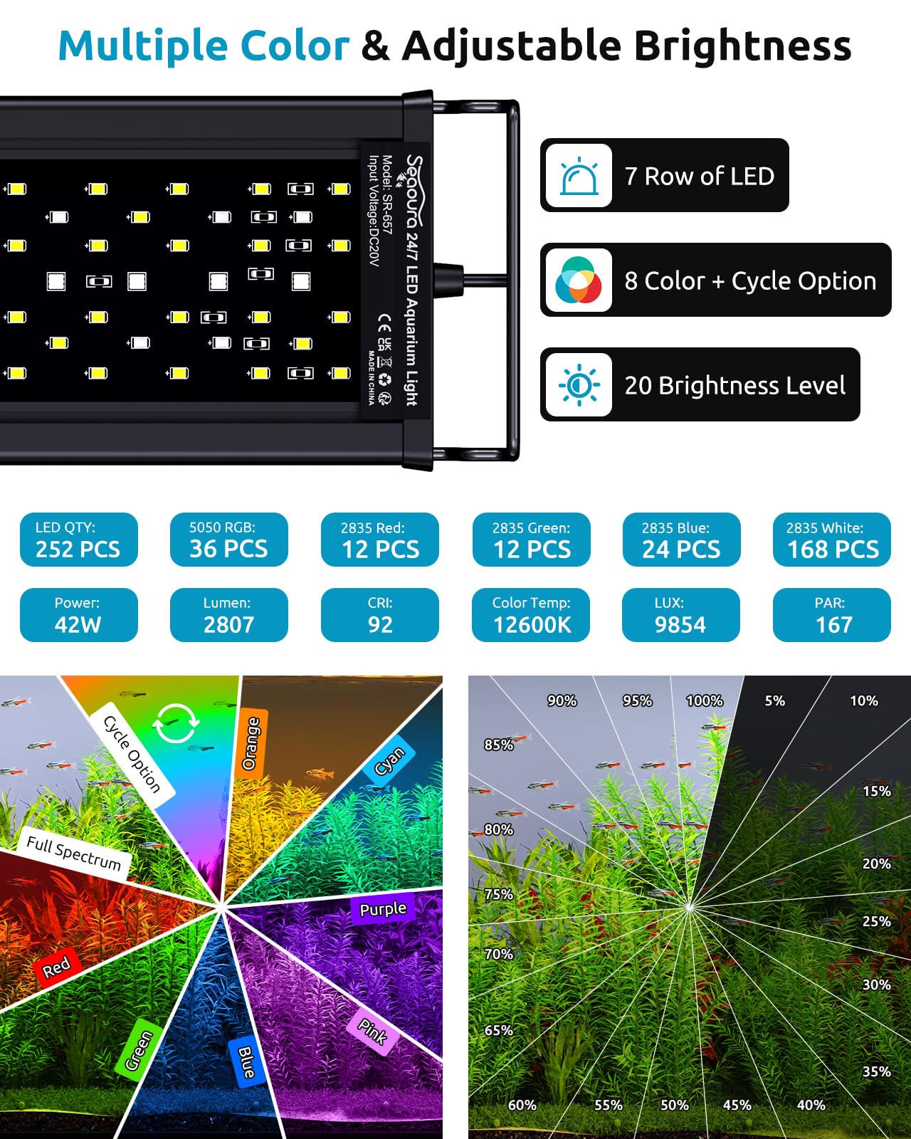 SEAOURA Full Spectrum Aquarium Light, 24/7 Custom Timer, Power-Off Memory, 36-42in 7-Row LED Fish Tank Lights, 8 Colors, 20 Brig