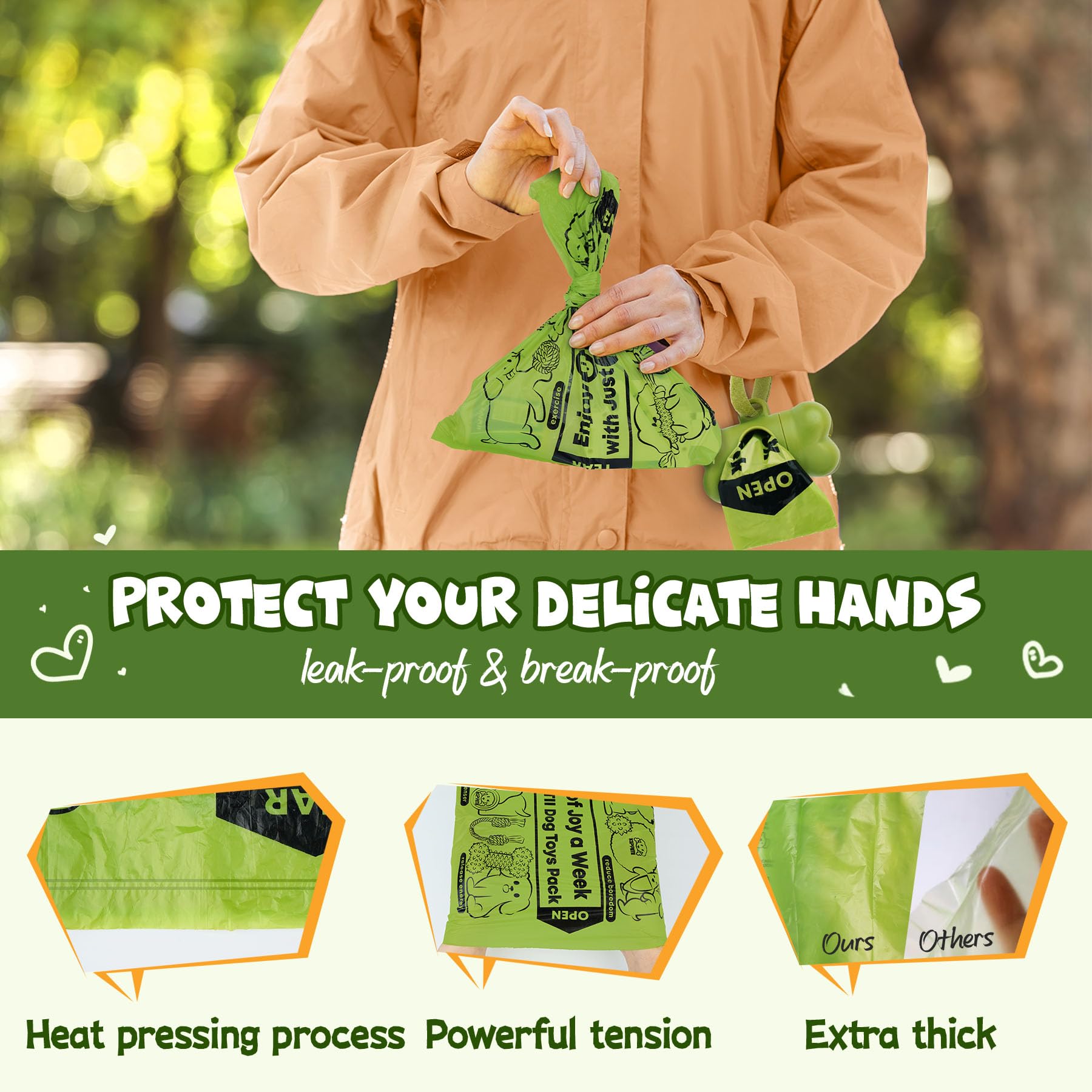 Kipritii Strong-Endurance Dog Poop Bag Set With Dispenser & Leash Clip, Thick Waste Poop Bags For Puppy/Small/Medium/Large Dog & Cat