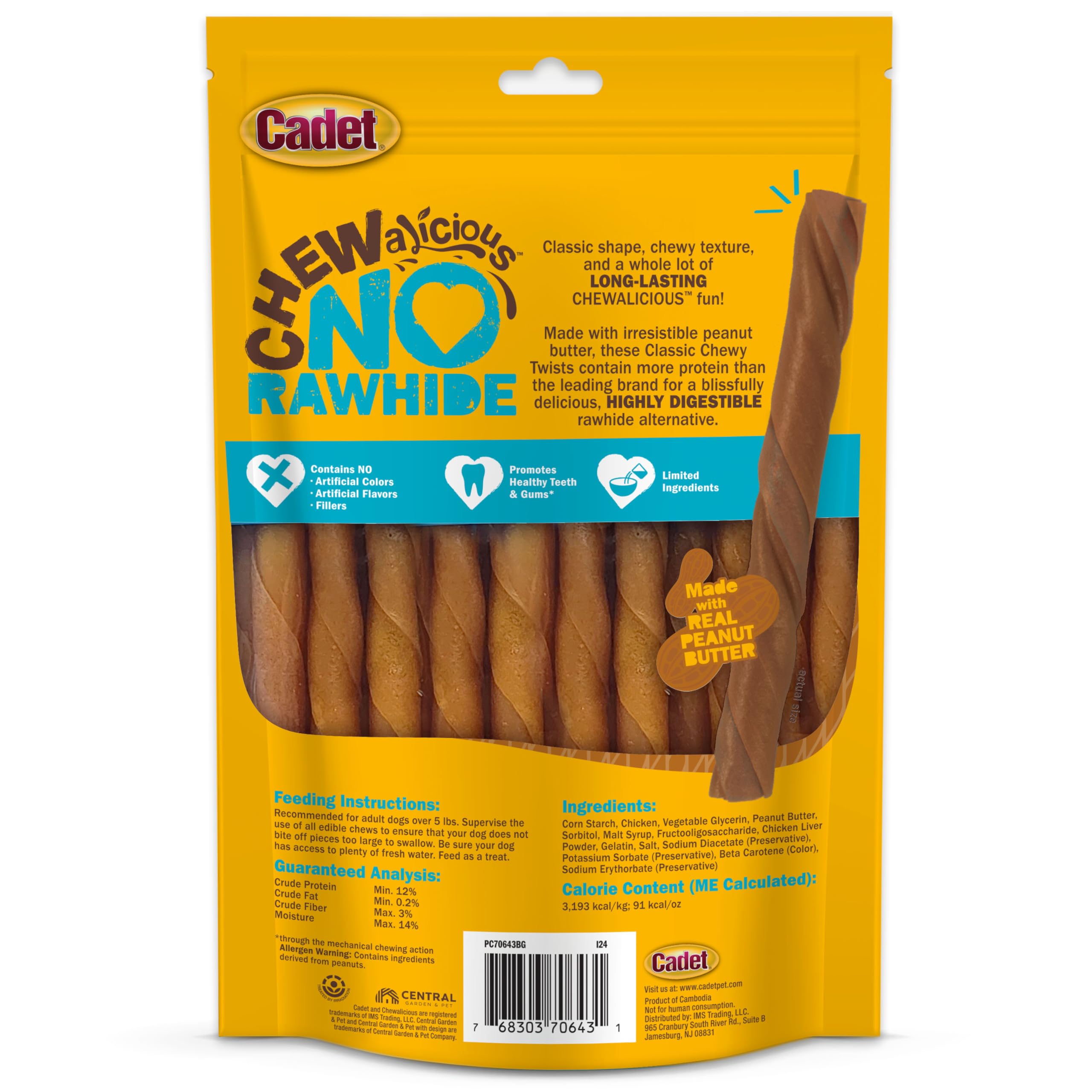 Cadet Chewalicious Classic Chewy Twists with Real Peanut Butter, Rawhide-Free Healthy Dog Chews, Limited-Ingredient & Long-Lasti