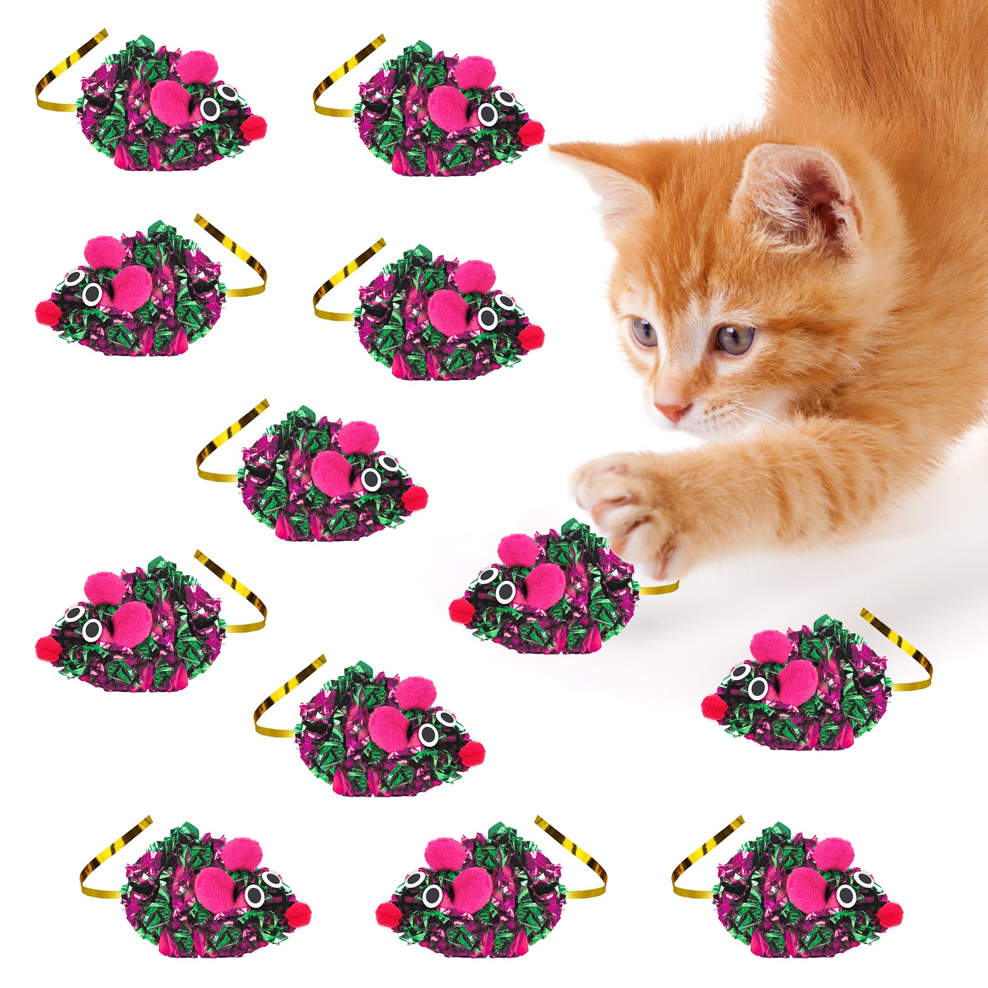 Sungrow 12 Pack Cat Crinkle Mice, 6X1.5 Inch Mice For Indoors, Keep Your Feline Energetic & Excited With Vibrant Colors, Lightwe