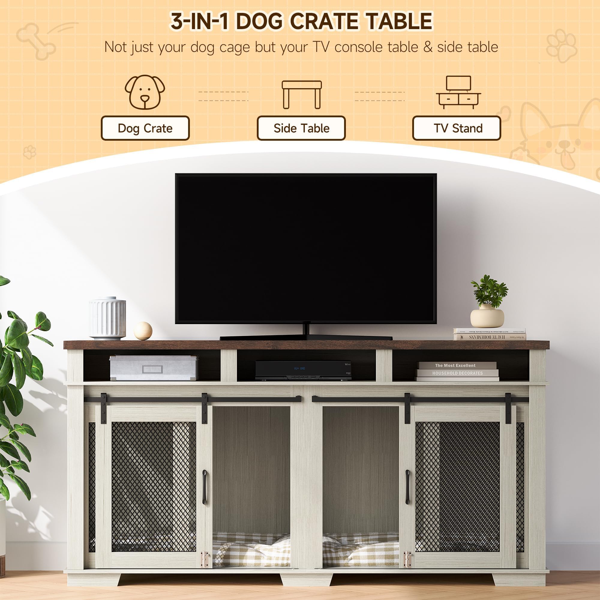 Dog Crate Furniture, 71 Heavy Duty Dog Crate Furniture with 3 Storage Compartments & Removable Divider, Stylish Double Dog Kenne