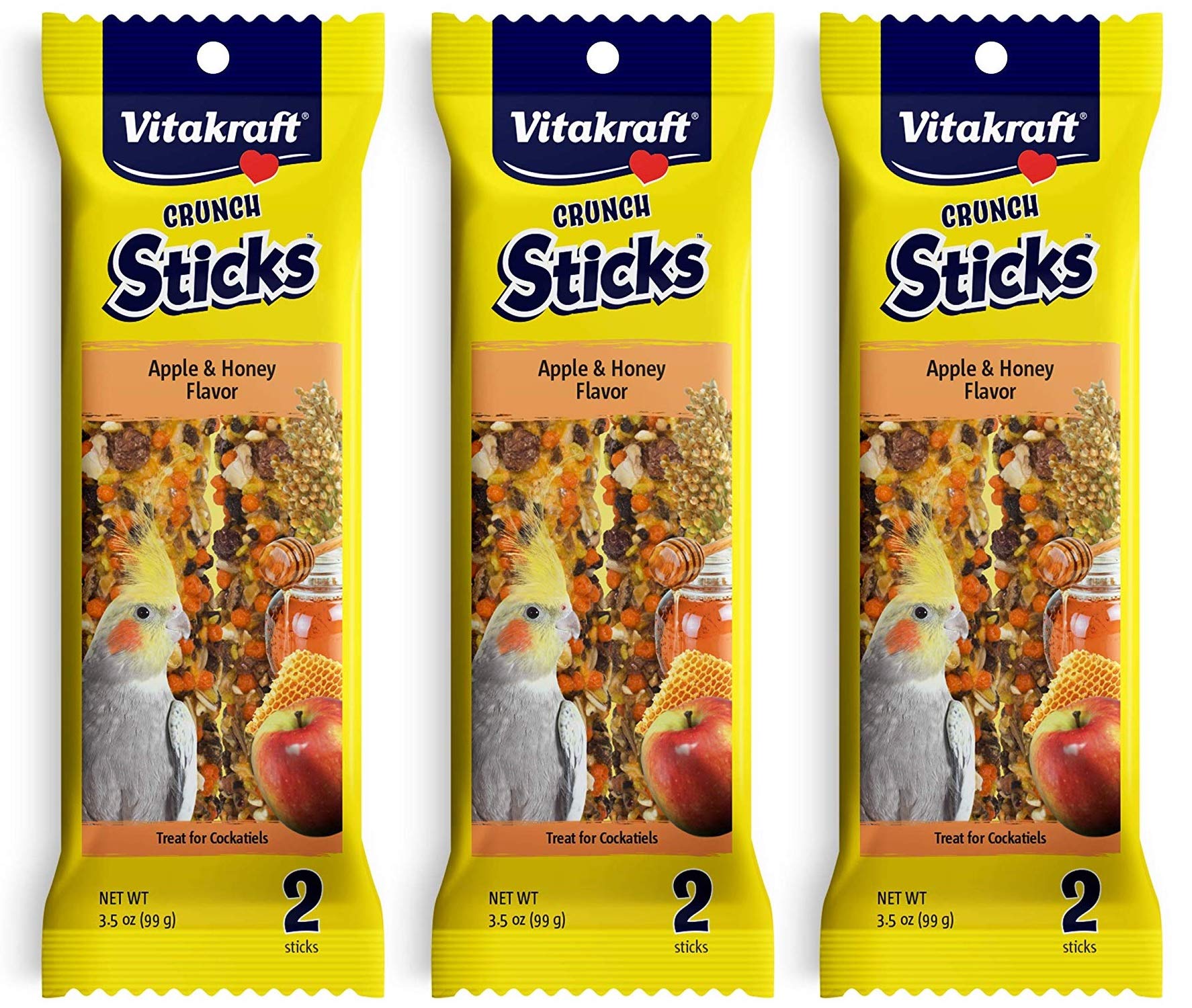 Vitakraft 3 Pack of Apple & Honey Crunch Sticks for Cockatiels, 2 Sticks Each