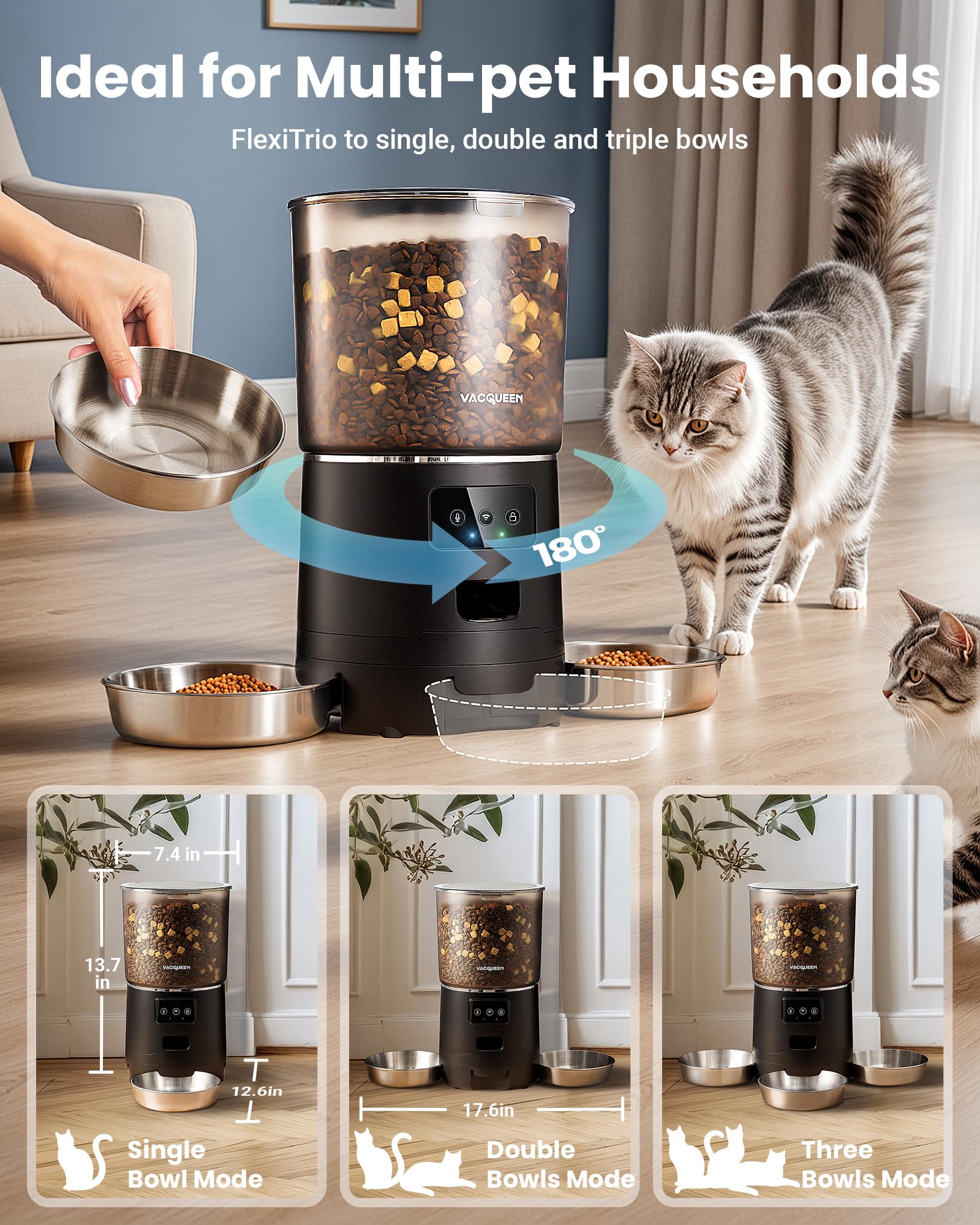 Vacqueen Automatic Cat Feeder for 3 Cats, 6L/25 Cups Smart WiFi Pet Feeder, Strong Anti-Jam System, Dual-Effect Desiccant Cat Fo