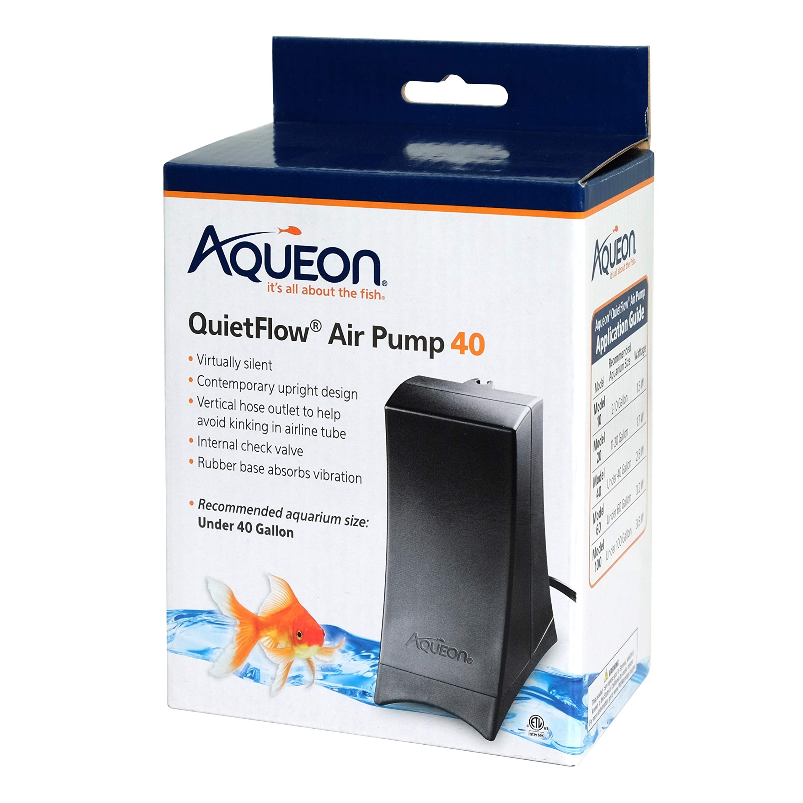 Aqueon Quietflow Aquarium Air Pump 40, For Under 40 Gallon Tanks, Black
