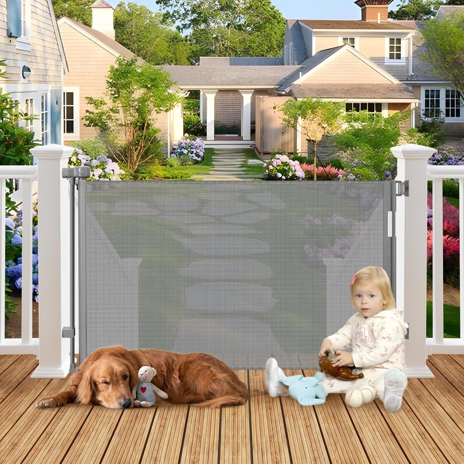 Weatherproof Outdoor Retractable Dog Gates for Decks with No Rust Screws and Rods, 72 Wide Waterproof Outdoor pet gate, 6 ft Scr