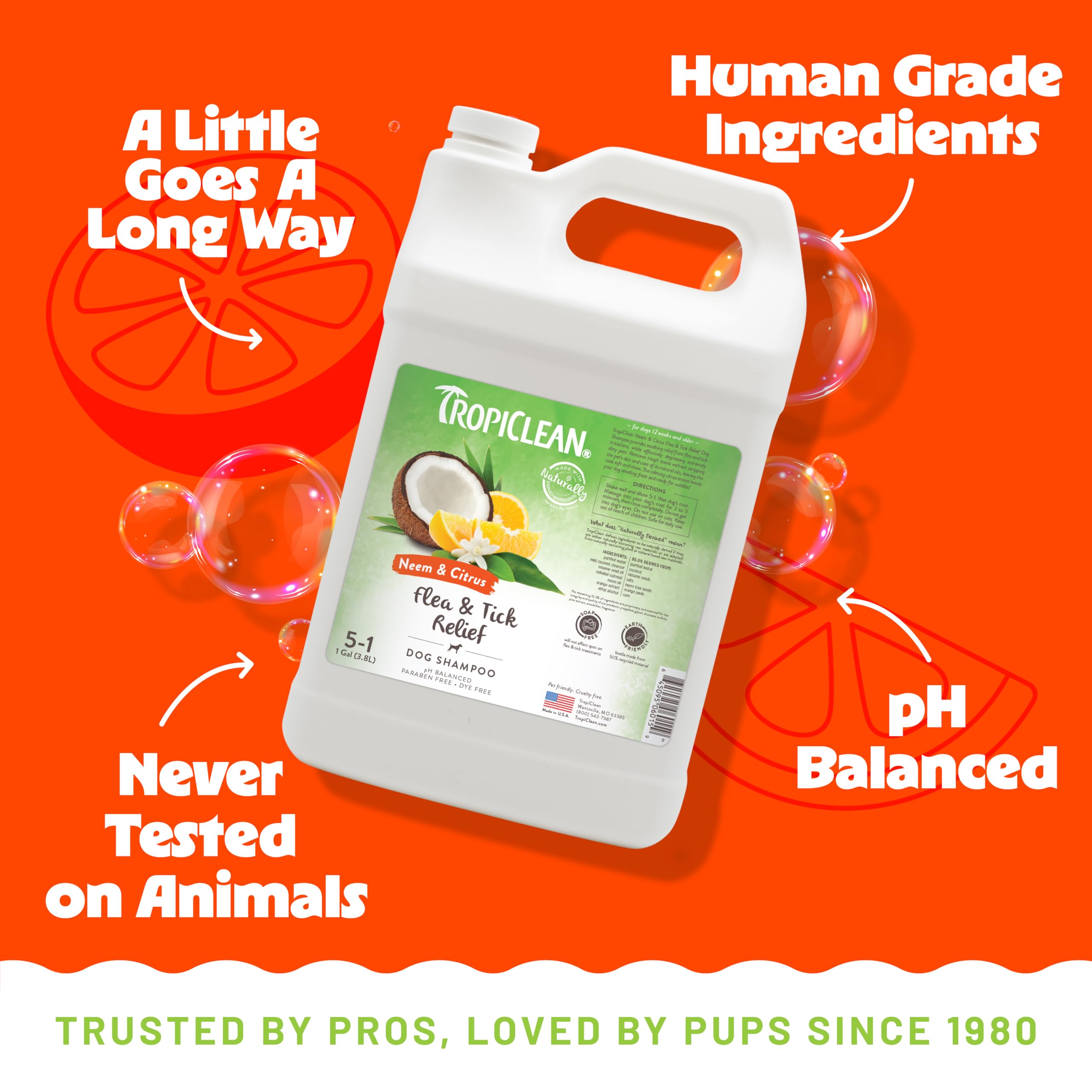 TropiClean Citrus Flea & Tick Shampoo for Dogs, Soothing Bite Relief, Fresh Citrus Scent, Made in The USA, 1 Gallon