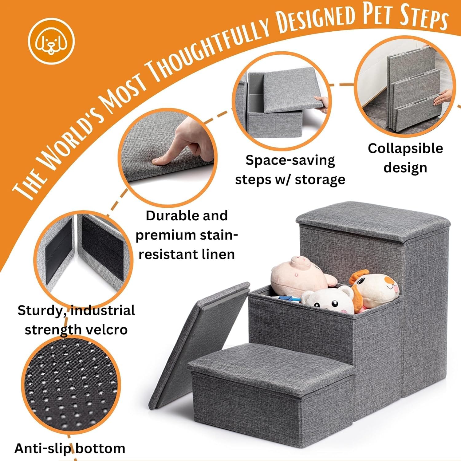 24-Inch Dog Stairs For High Beds Up To 32-Inch- Foldable For Large Dogs W/Storage- Tall Pet Stairs For High Beds