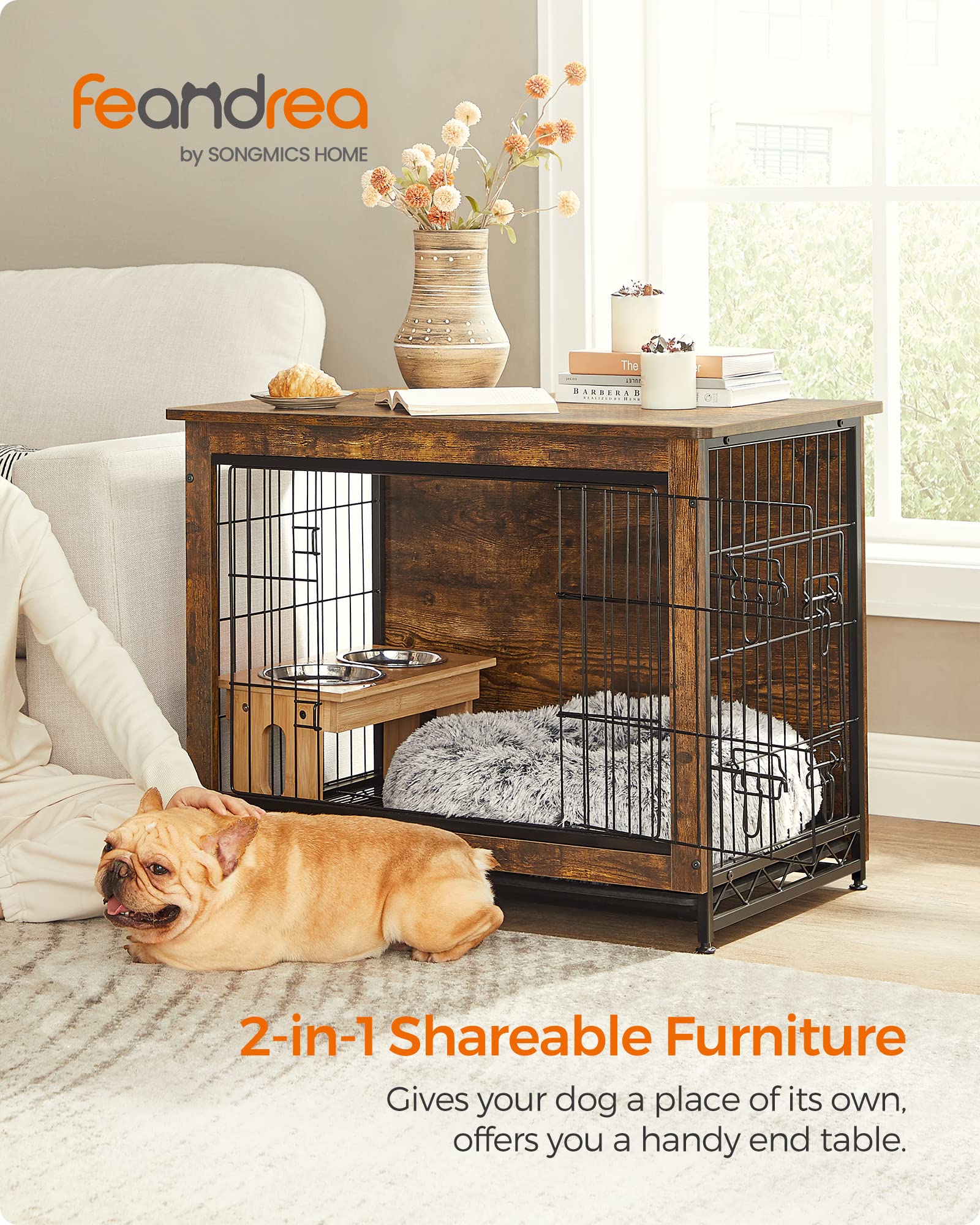 Feandrea Dog Crate Furniture, 32.5 Side End Table, Modern Kennel for Dogs Indoor up to 45 lb, Heavy-Duty Dog Cage with Multi-Pur