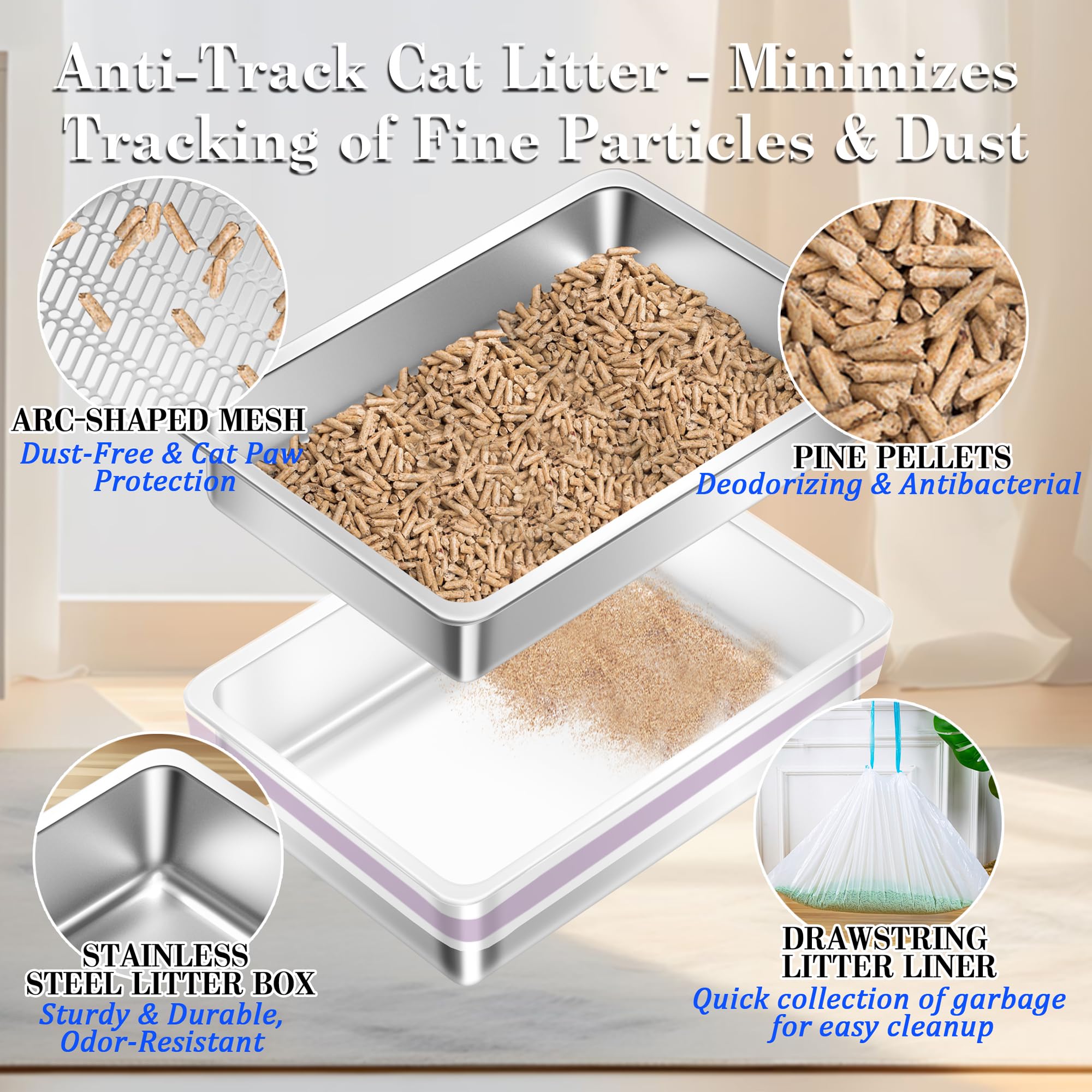 2 Pack Stainless Steel Sifting Cat Litter Box For Pine Pellets, Xl Extra Large Metal Cat Litter Box Sifter Pan With Litter Scoop