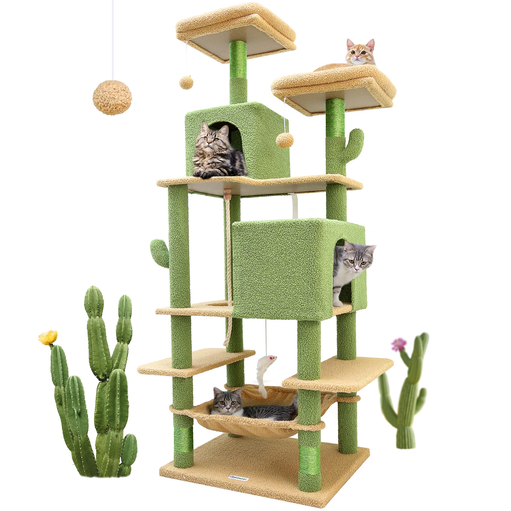 Globlazer F76 Cactus Cat Tree Tower 76-Inch Extra Tall Multi-Level Cat Furniture With Cozy Condos,Interactive Toys And Perches F
