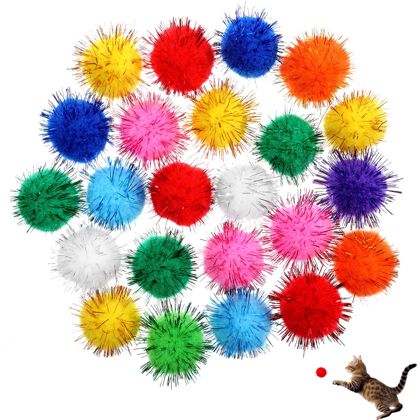 Dimeho 60Pcs Assorted Color Flash Ball, Cat Pom Pom Balls Cat'S Favorite Toy Ball Tinsel Pom Poms Flash Interactive Pom Pom Cat 