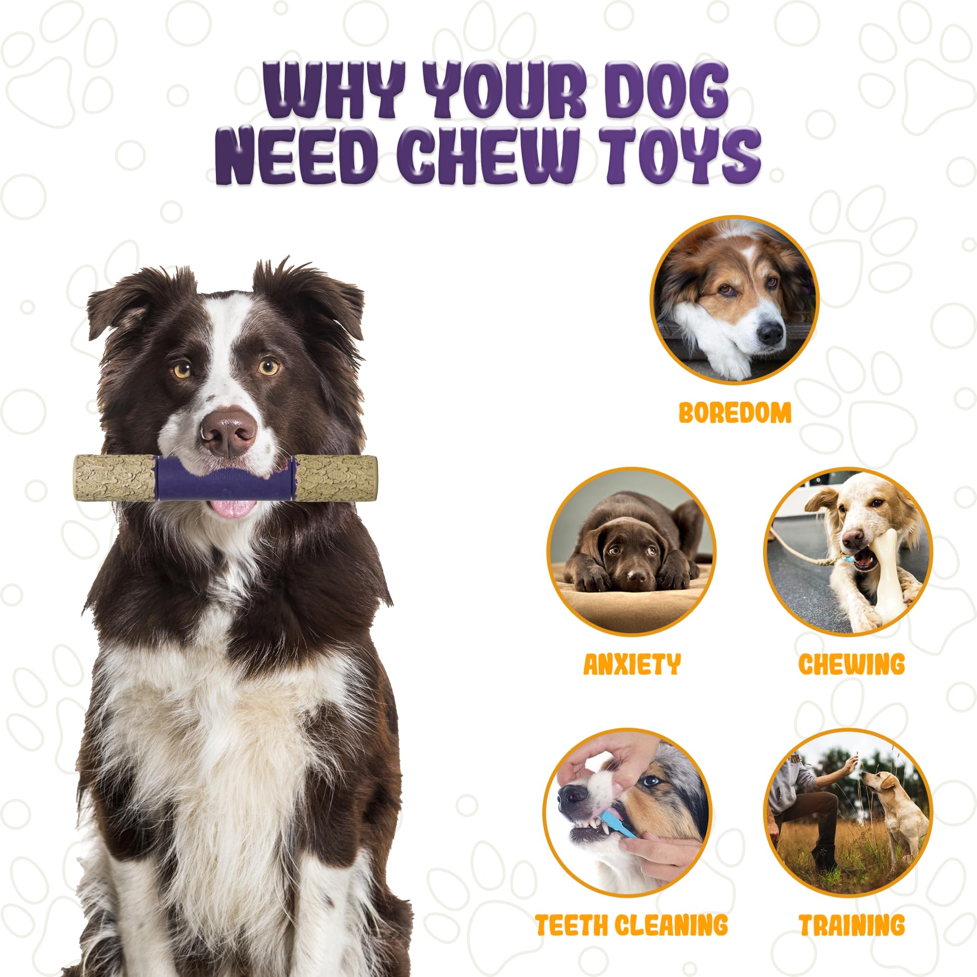 LEE BONBON Indestructible Dog Chew Toy – Tough Rubber Stick for Aggressive Chewers, Teething Toy for Large Breed, Purple & Beige