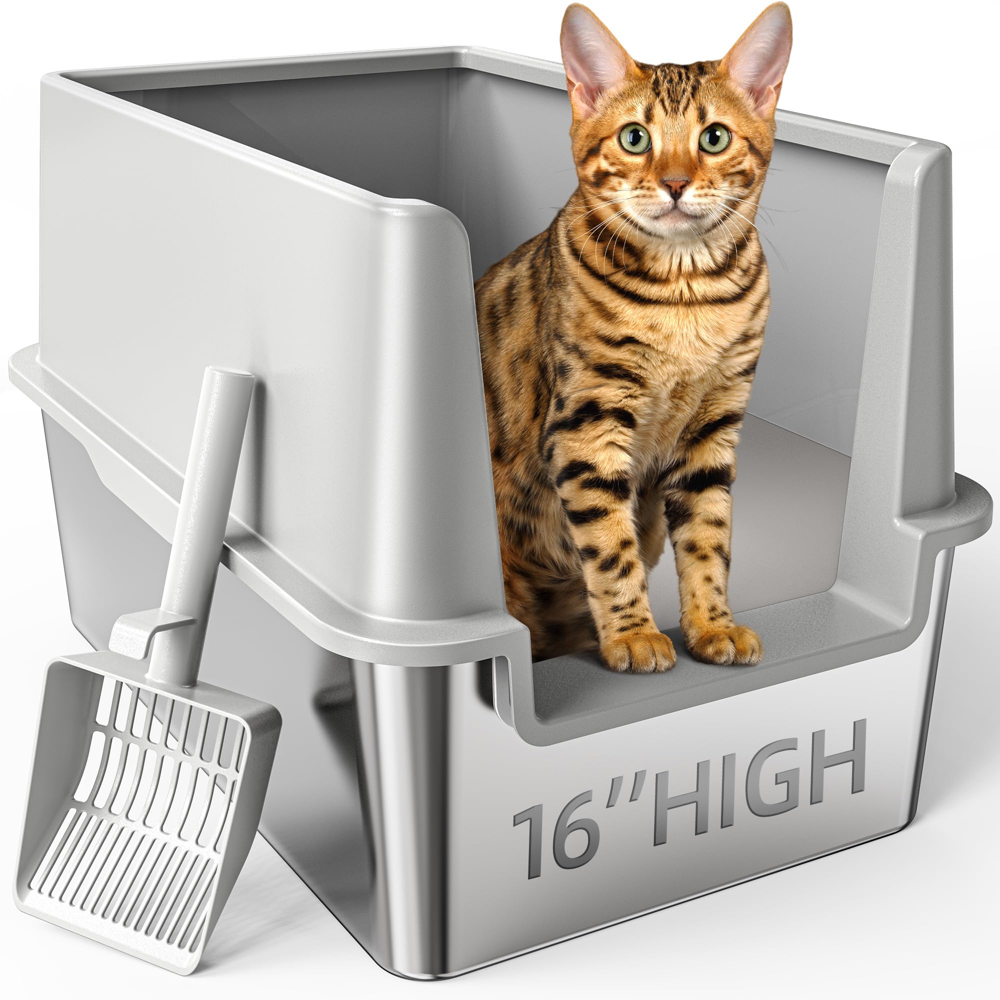 16'' High Sides Stainless Steel Litter Box With Lid, Xl Xxl Extra Large Enclosed Metal Litter Box For Big Cats & Kitty, Never Ab