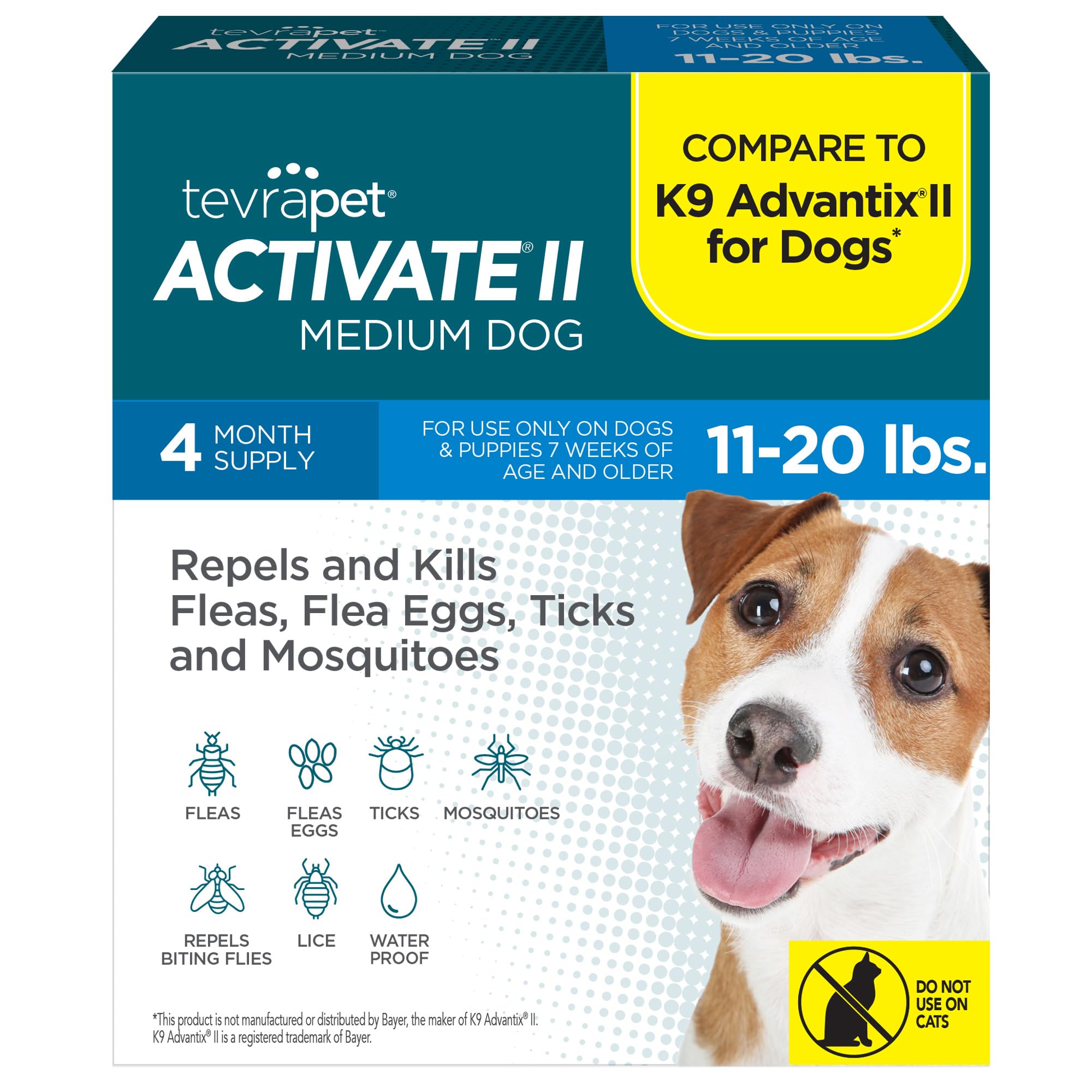 TevraPet Activate II Flea and Tick Prevention for Dogs  4 Count  Medium Dogs 11-20 lbs  Topical Drops  4 Months Flea Treatment
