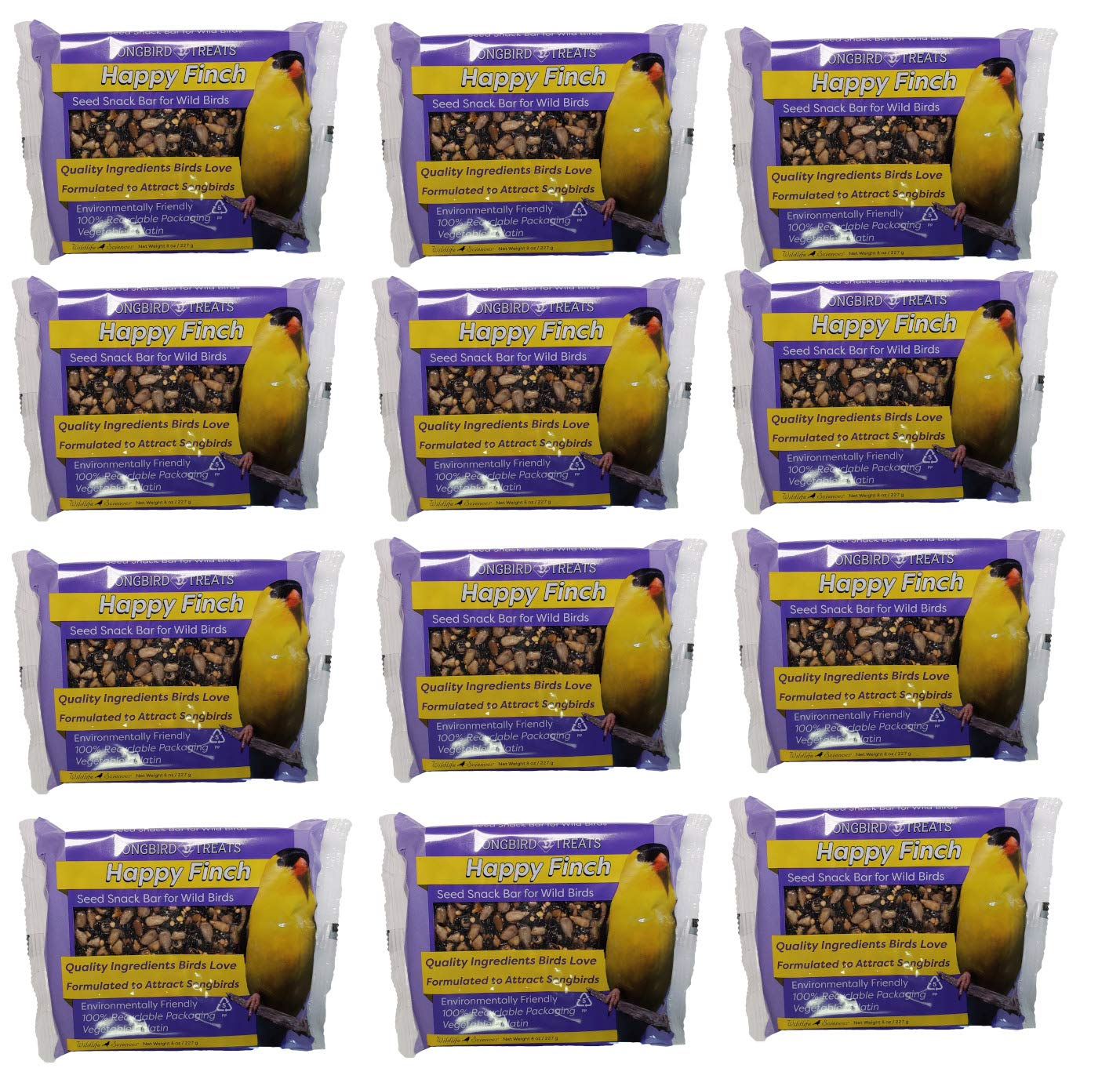 Songbird Treats Seed Bars | 12 Pack of 8 oz Bird Seed Cakes for Wild Birds (Happy Finch)
