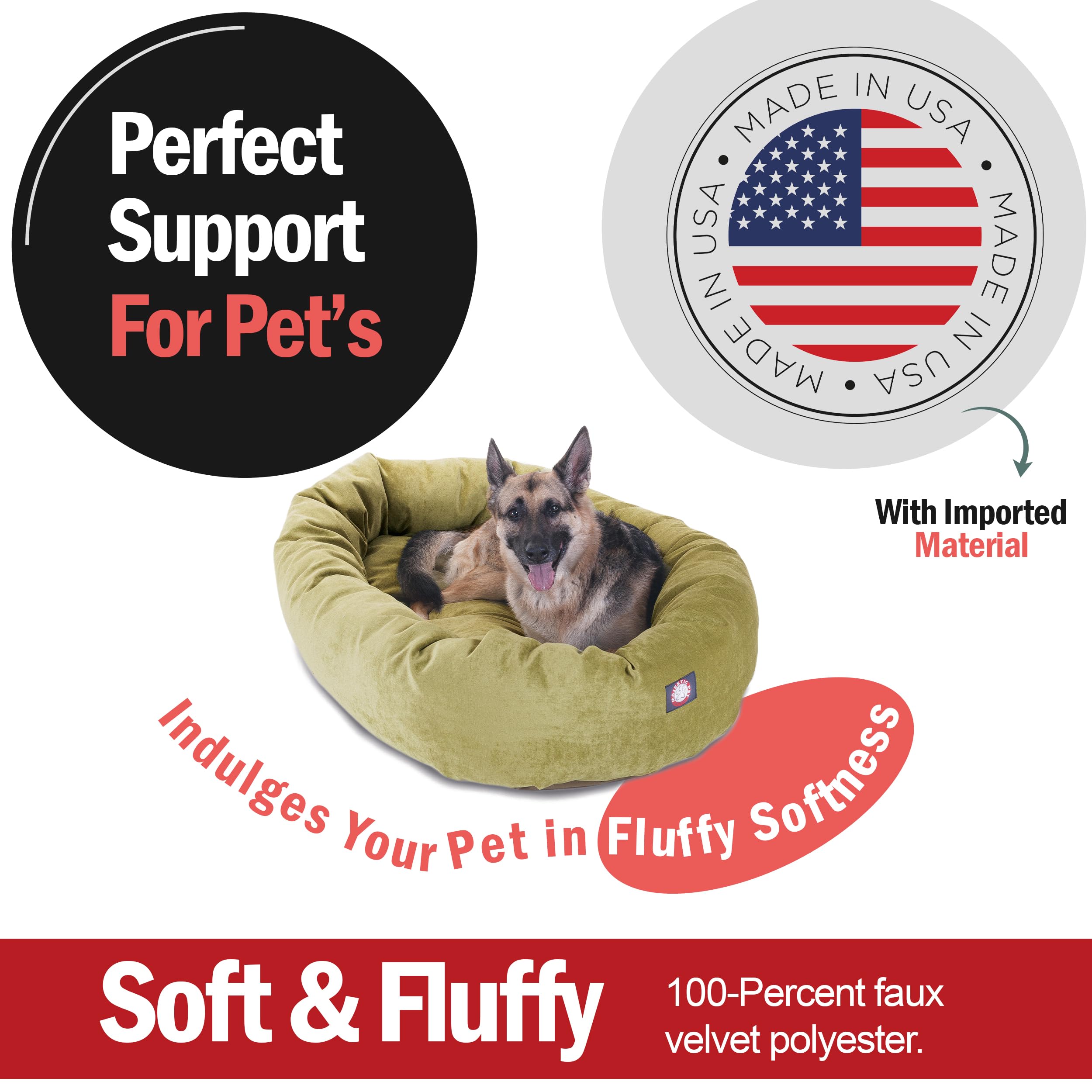 Majestic Pet 52 Inch Micro Velvet Calming Dog Bed Washable – Cozy Soft Round Dog Bed With Spine For Head Support - Fluffy Donut Dog Bed 52X35X11 (Inch) – Round Pet Bed X- Large – Apple