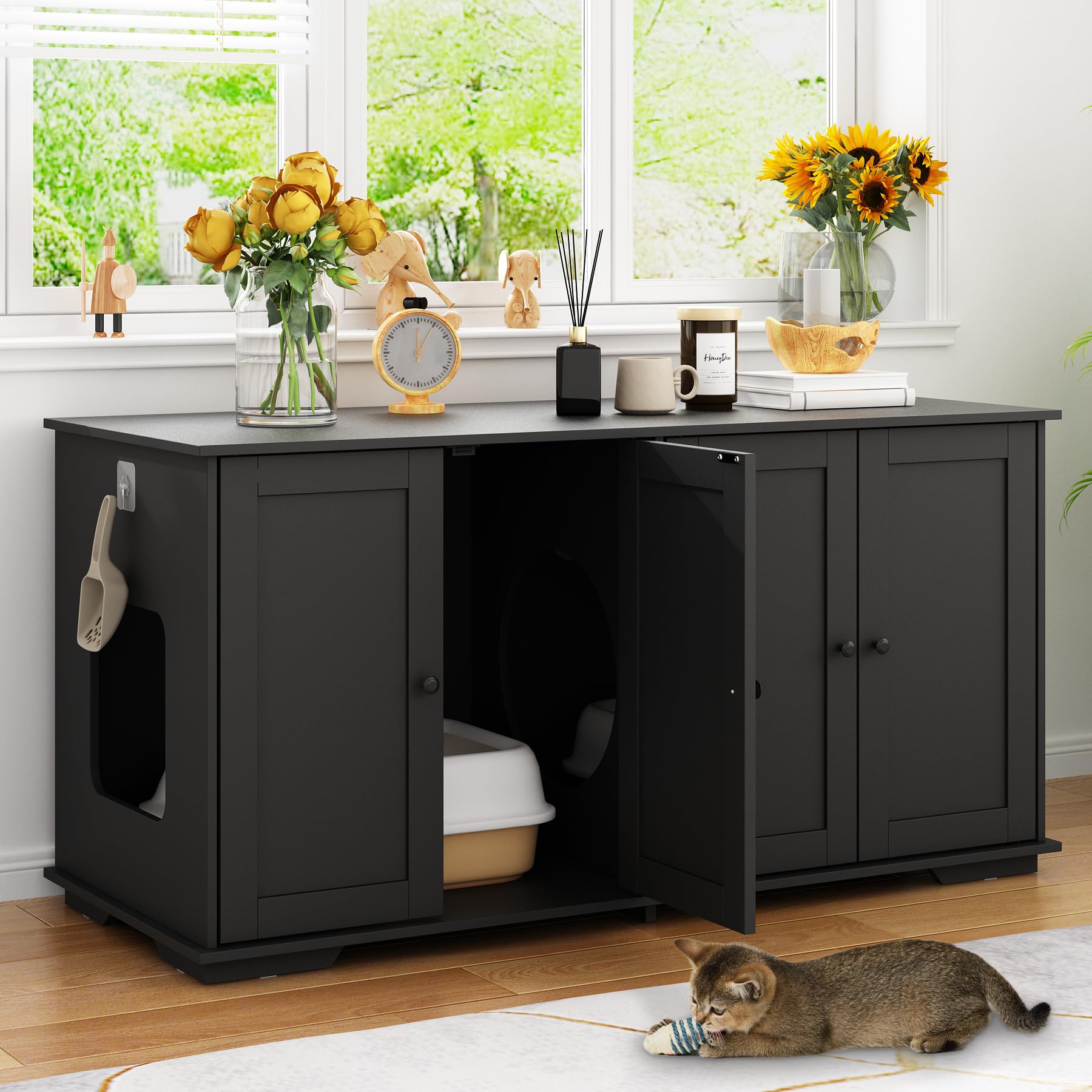 Moolive Cat Litter Box Enclosures, 47.2'' Double Hidden Litter Box Furniture Cabinet With 4 Doors And Divider, Large Cat Washroo