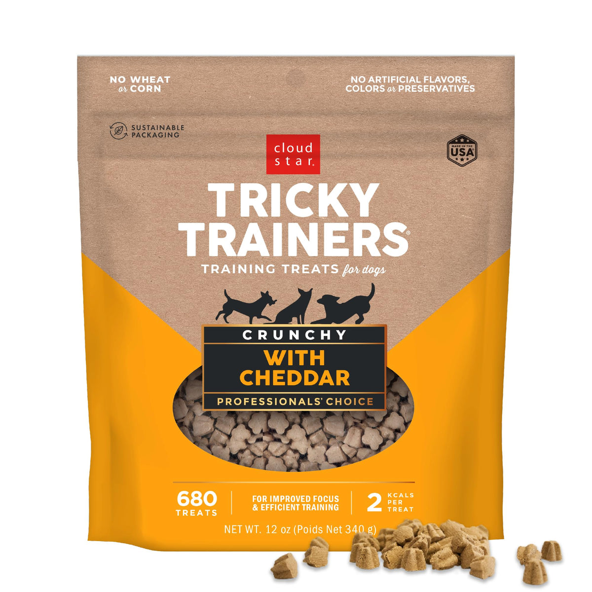 Cloud Star Tricky Trainers Crunchy Dog Training Treats 5 Oz Pouch, Cheddar Flavor, Low Calorie Behavior Aid With 680 Treats