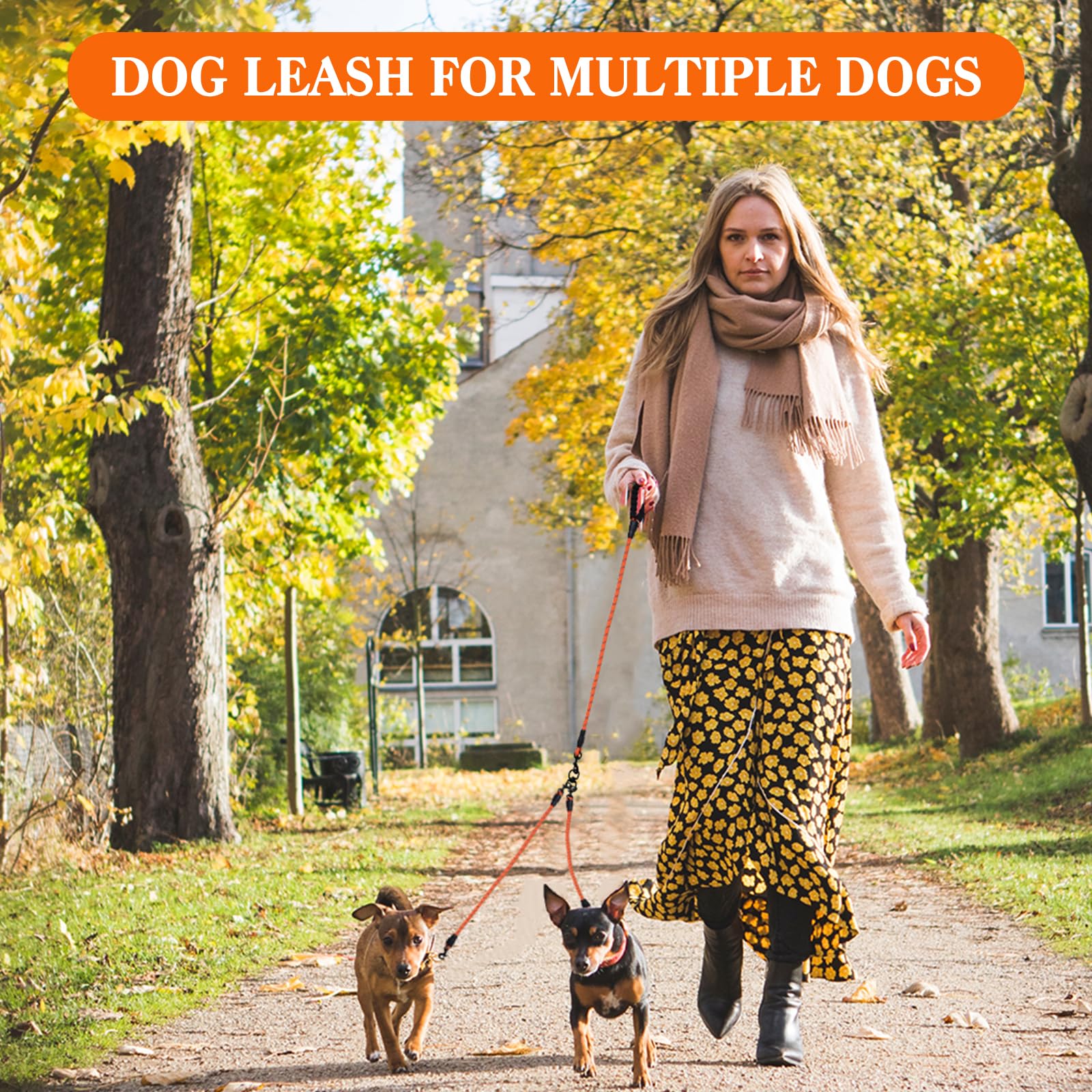 Dog Double Leashes,Comfortable Dog Leash With Reflective,No Tangle Triple Leash For Dogs (Orange Five Leashes)