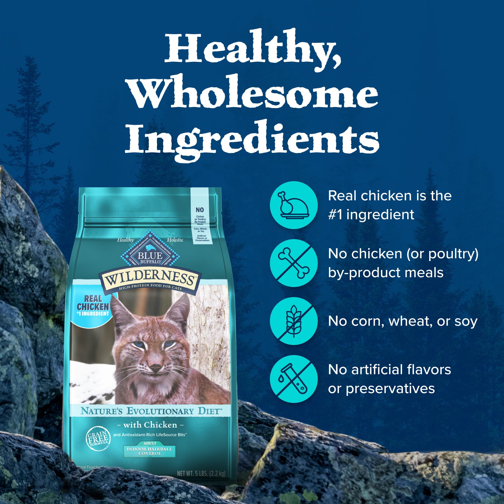 Blue Buffalo Wilderness Natural Hairball Care Dry Cat Food for Indoor Cats, High-Protein & Grain-Free Formula, Chicken, 5-lb. Ba