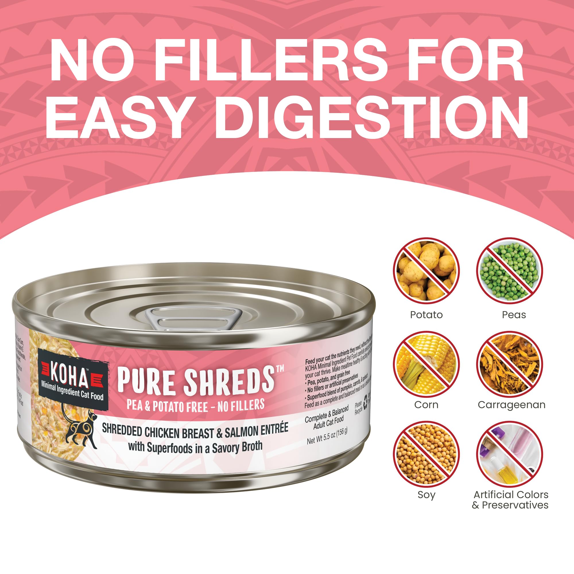 KOHA Pure Shreds Chicken and Salmon Entr  e for Cats, High Protein Wet Cat Food, 5.5oz Cans (Pack of 12)