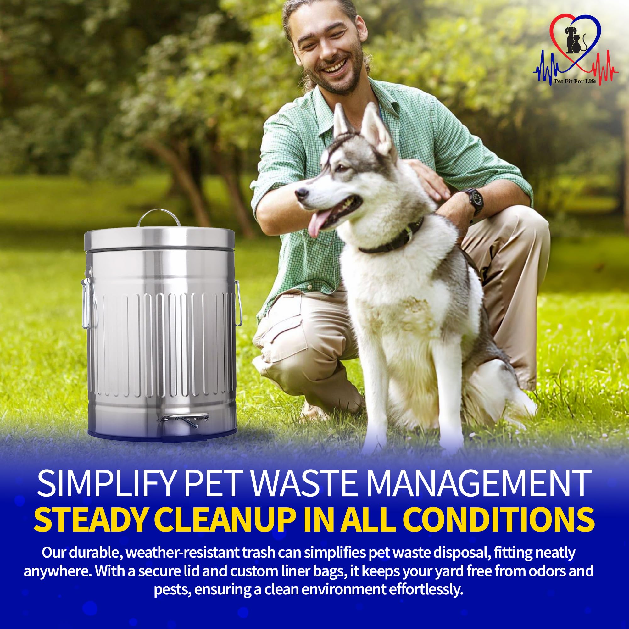 Pet Fit For Life 16 Tall Galvanized Steel Trash Can - Features Step Foot Pedal, Lid Lift - Plastic Inner Lining & Custom Liner