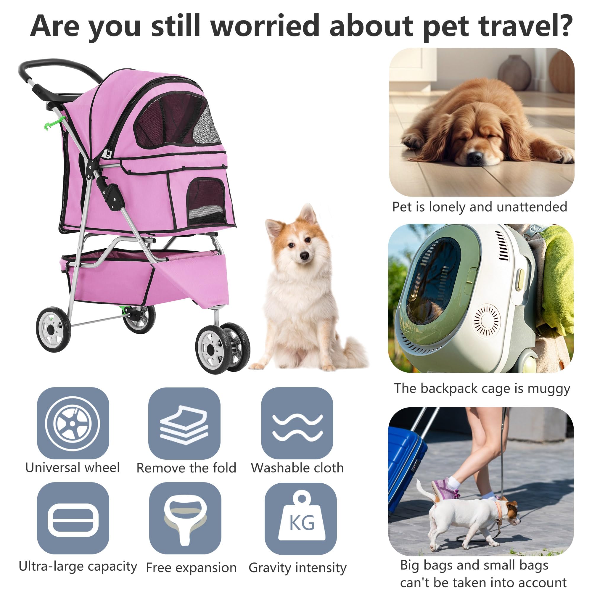 FDW Pet Stroller Foldable Dog Stroller 3-Wheel Durable Cat Jogger Stroller for Small and Medium Dogs Cats with Washable Liner St