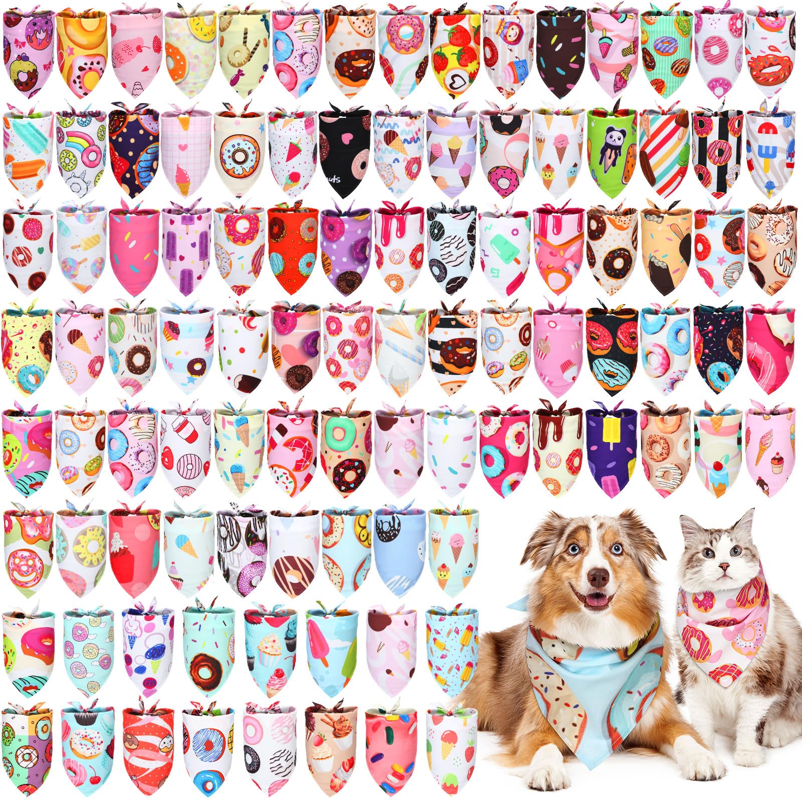 Huhumy 100 Pcs Donut Dog Bandanas Bulk Pet Bibs Colorful Triangle Scarf XL Donut Pet Bandanas for Medium Large Dogs Spring Summe