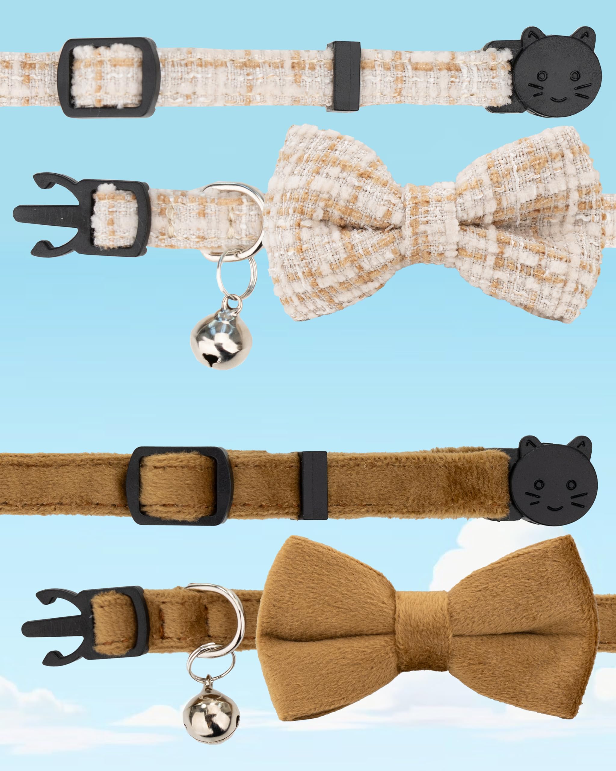Gyapet Cat Collar Breakaway With Bell Boy Girl Kitten Bow Tie Safety Plaid Solid Color Set Cute Soft Summer B-[2Pcs] Khaki