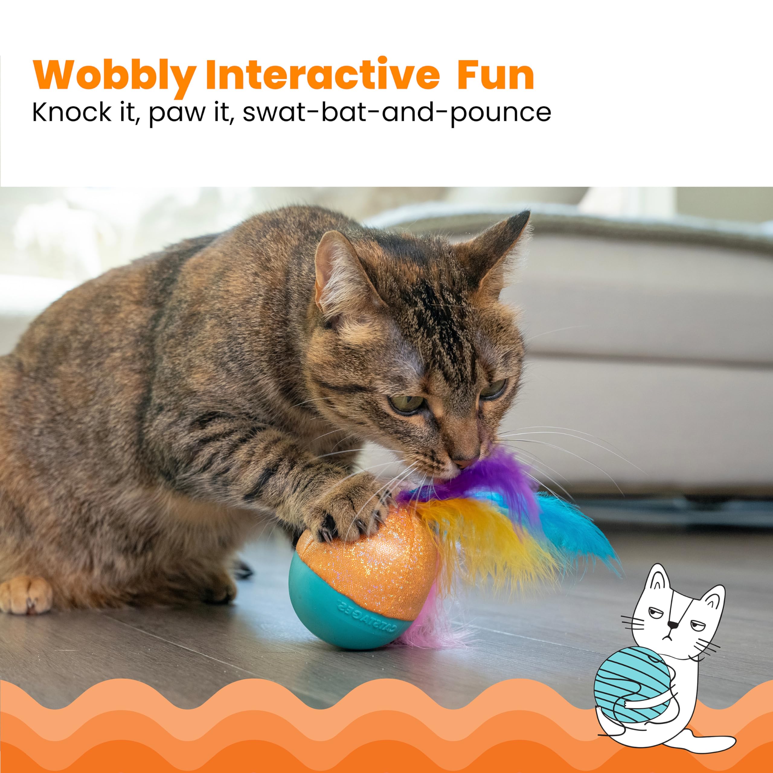 Catstages Whack N’ Wobble Ball Interactive Cat Toy Catnip Coated Wobble Ball With Feathers And Bells, Turquoise
