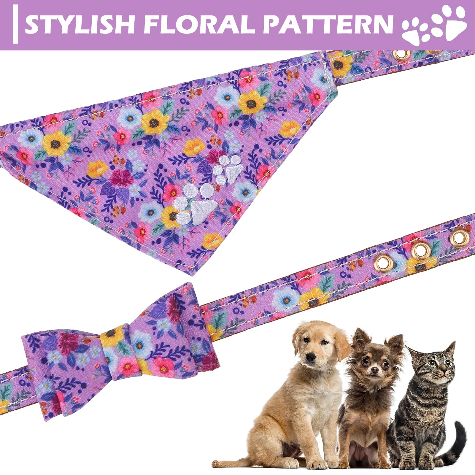 Expawlorer Puppy Collar And Leash Set - Embroidery Floral Dog Collar And Dog Leash Set, Cute Flower Bow Tie And Bandana Dog Coll