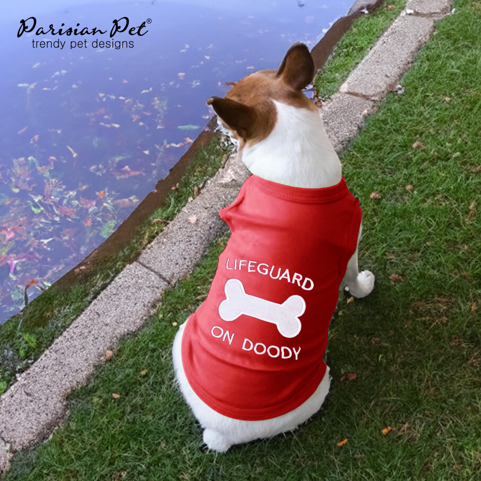 Parisian Pet Dog Tshirt - Embroidered  Lifeguard On Doody  Boy Dogs Apparel - Pure Cotton And Lightweight Dog Clothes - Red Dogg